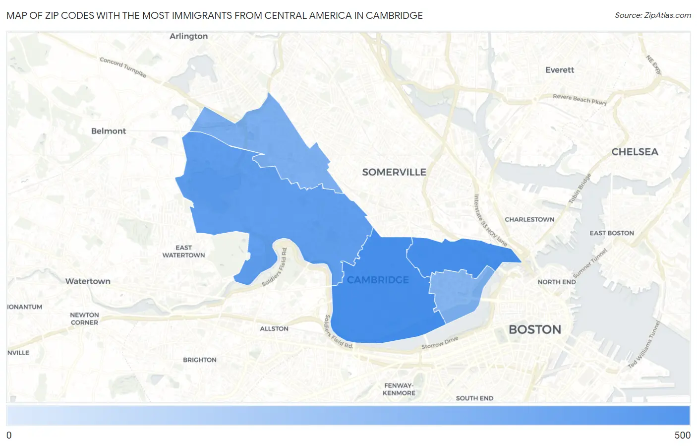 Zip Codes with the Most Immigrants from Central America in Cambridge Map