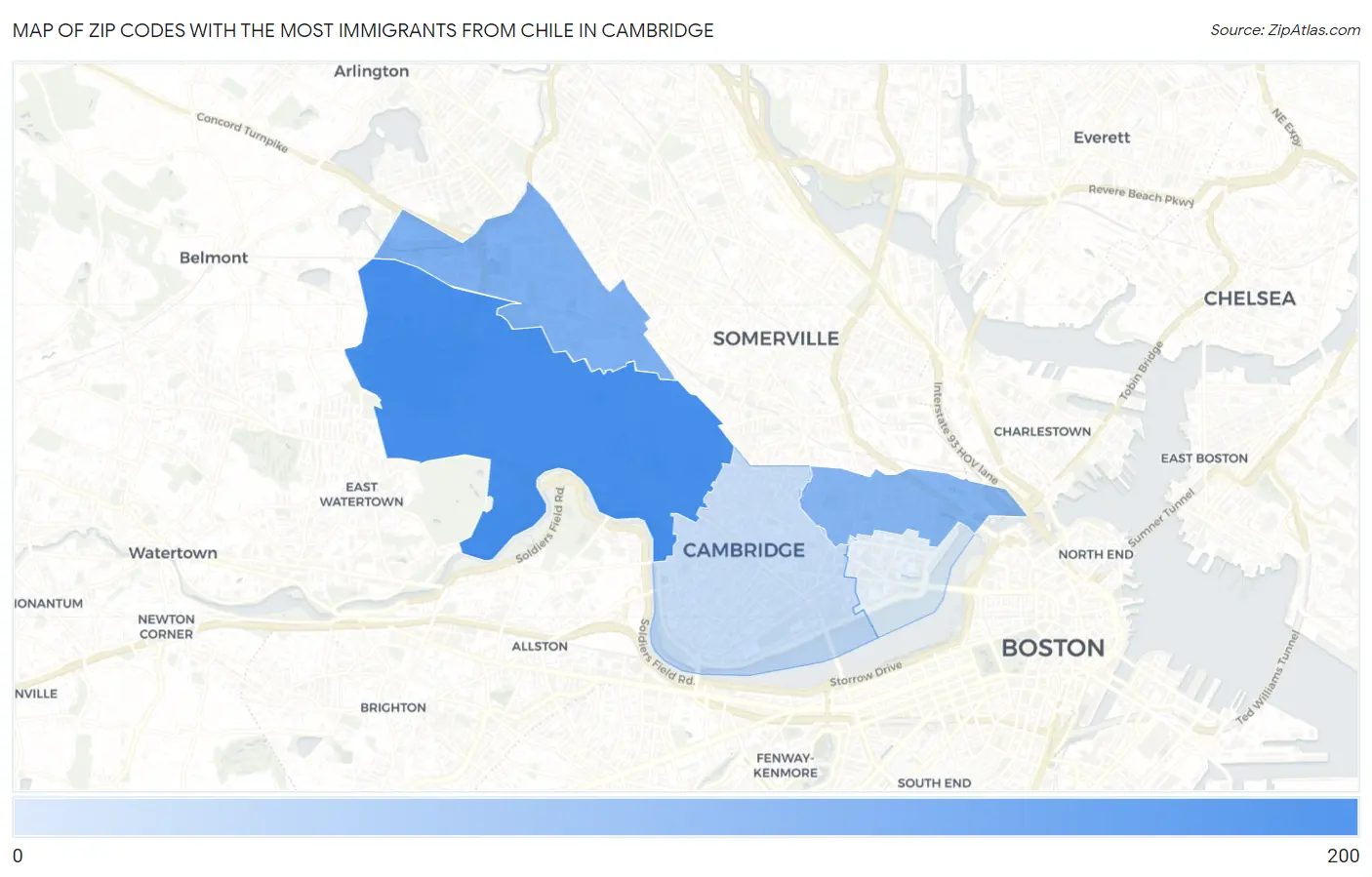 Zip Codes with the Most Immigrants from Chile in Cambridge Map