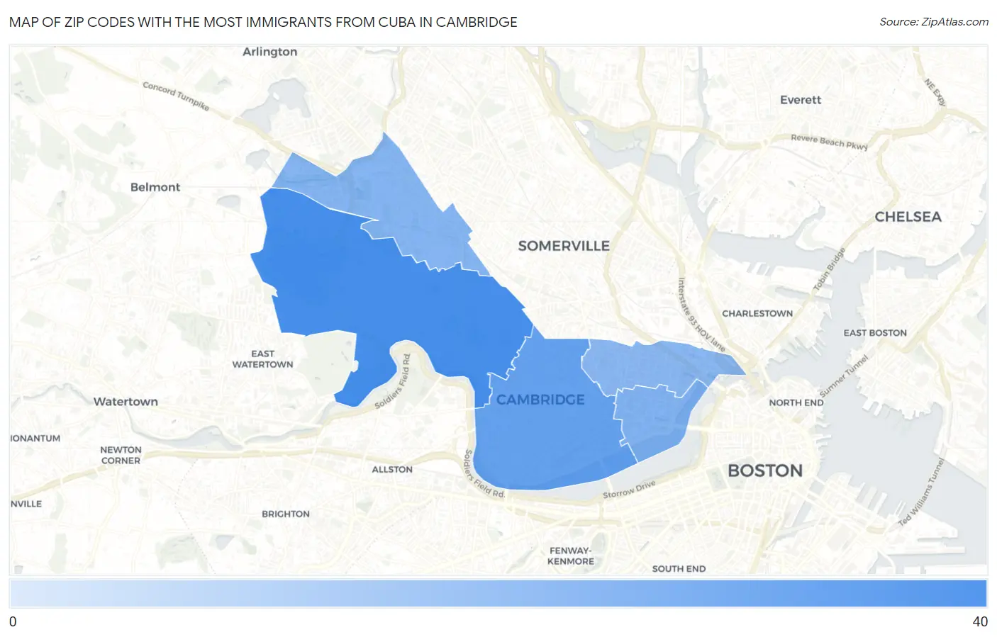 Zip Codes with the Most Immigrants from Cuba in Cambridge Map