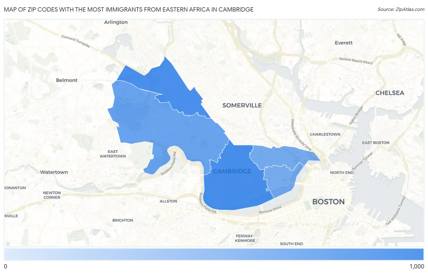 Zip Codes with the Most Immigrants from Eastern Africa in Cambridge Map