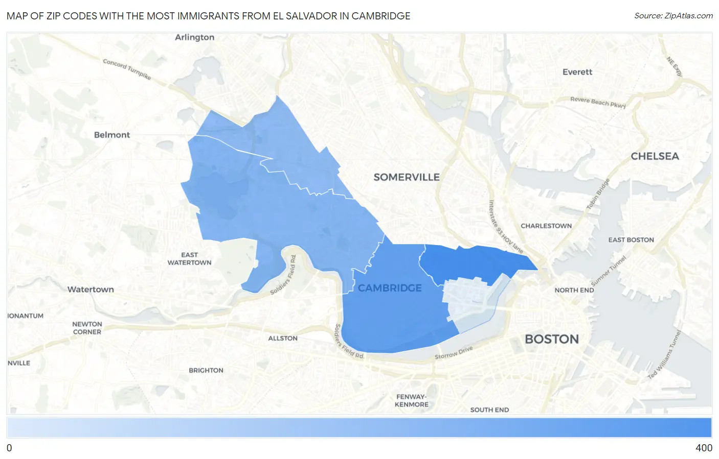 Zip Codes with the Most Immigrants from El Salvador in Cambridge Map