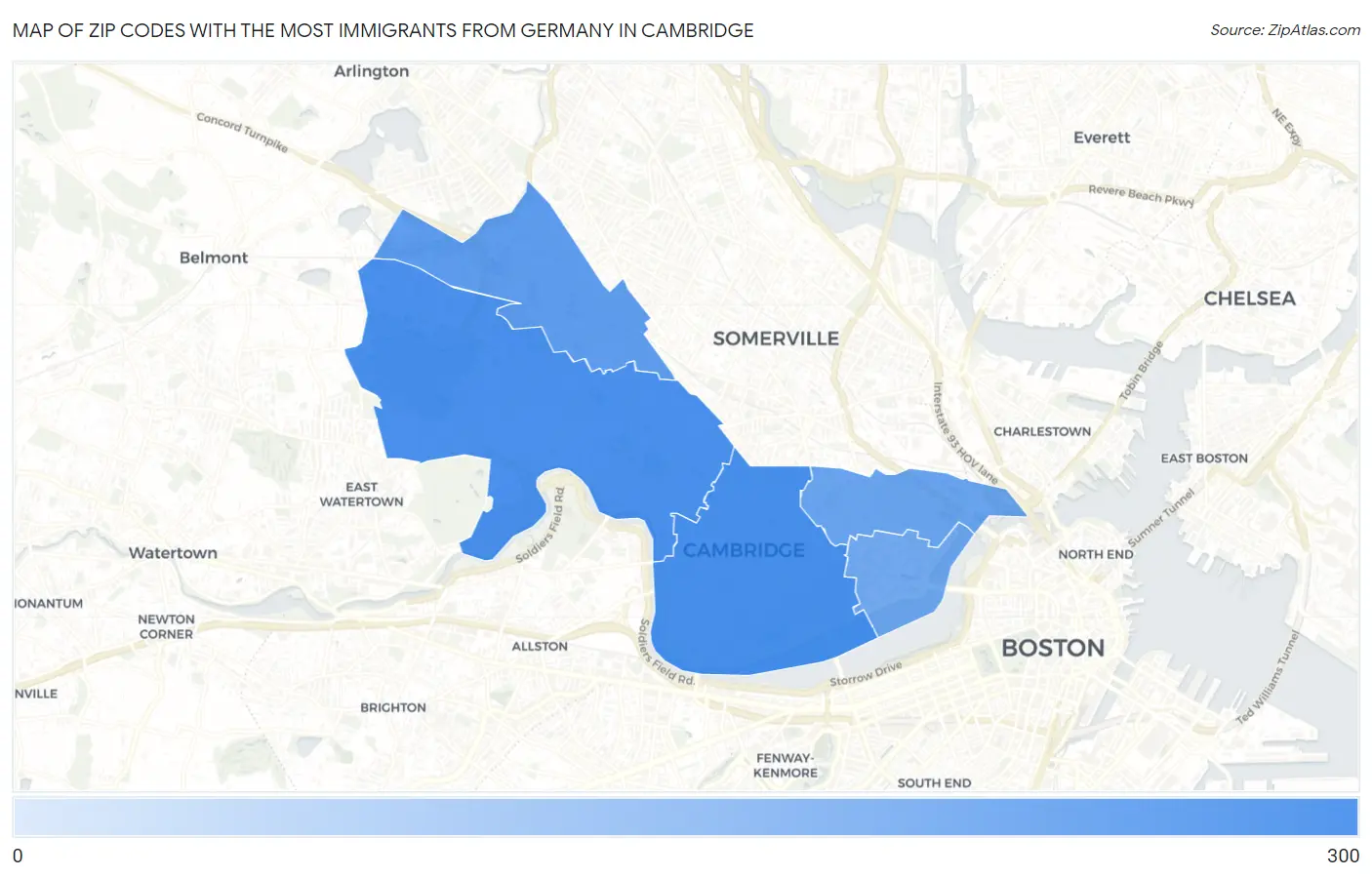 Zip Codes with the Most Immigrants from Germany in Cambridge Map