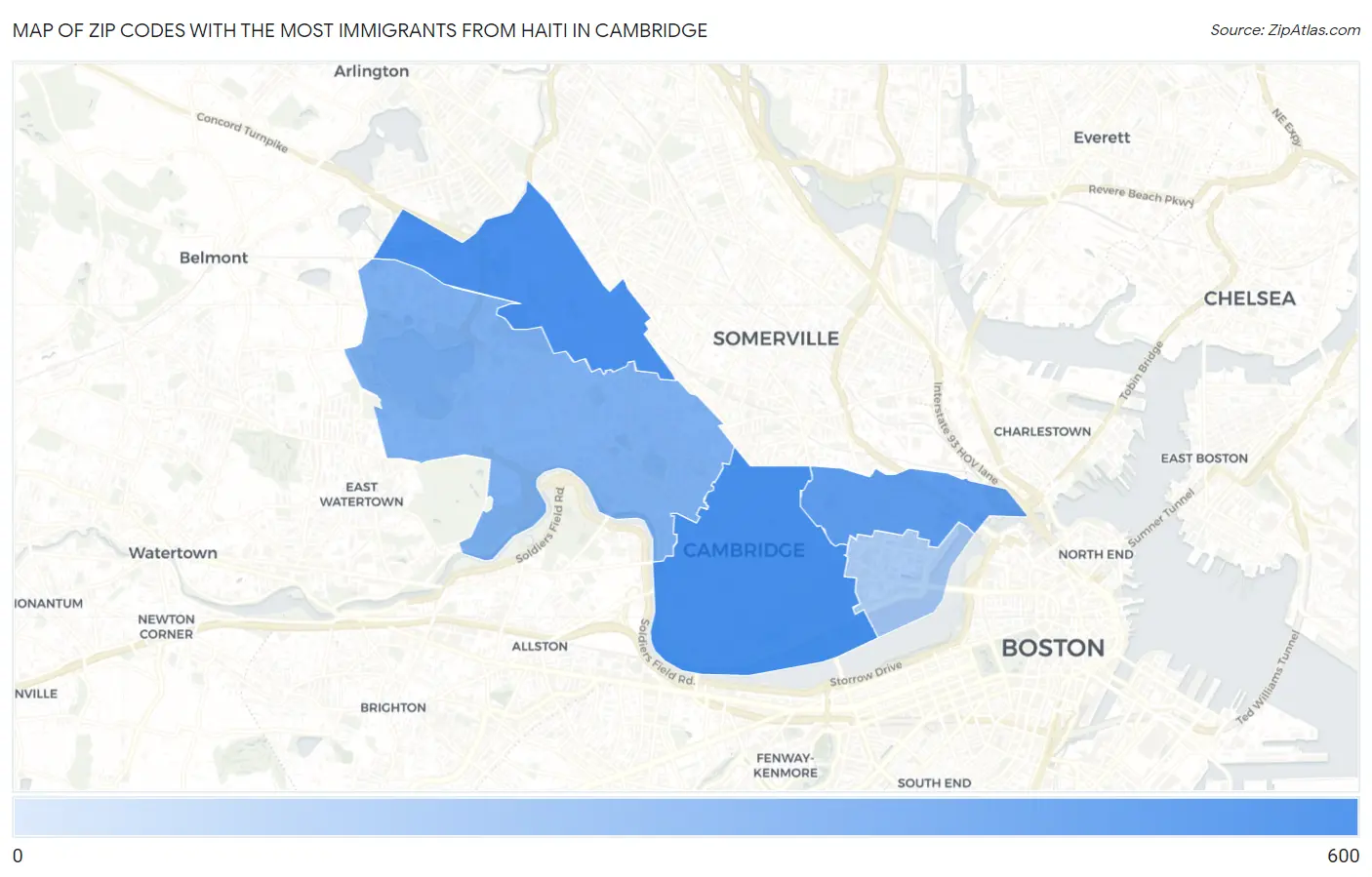 Zip Codes with the Most Immigrants from Haiti in Cambridge Map
