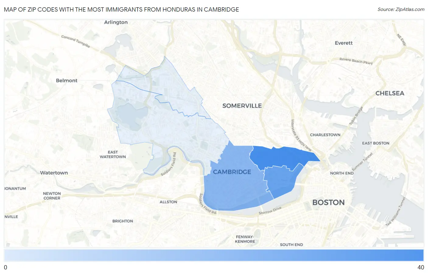 Zip Codes with the Most Immigrants from Honduras in Cambridge Map