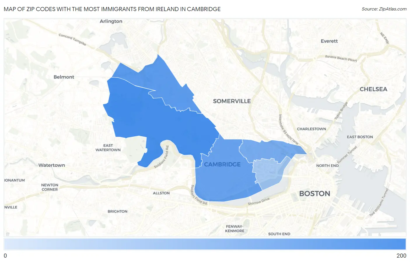 Zip Codes with the Most Immigrants from Ireland in Cambridge Map