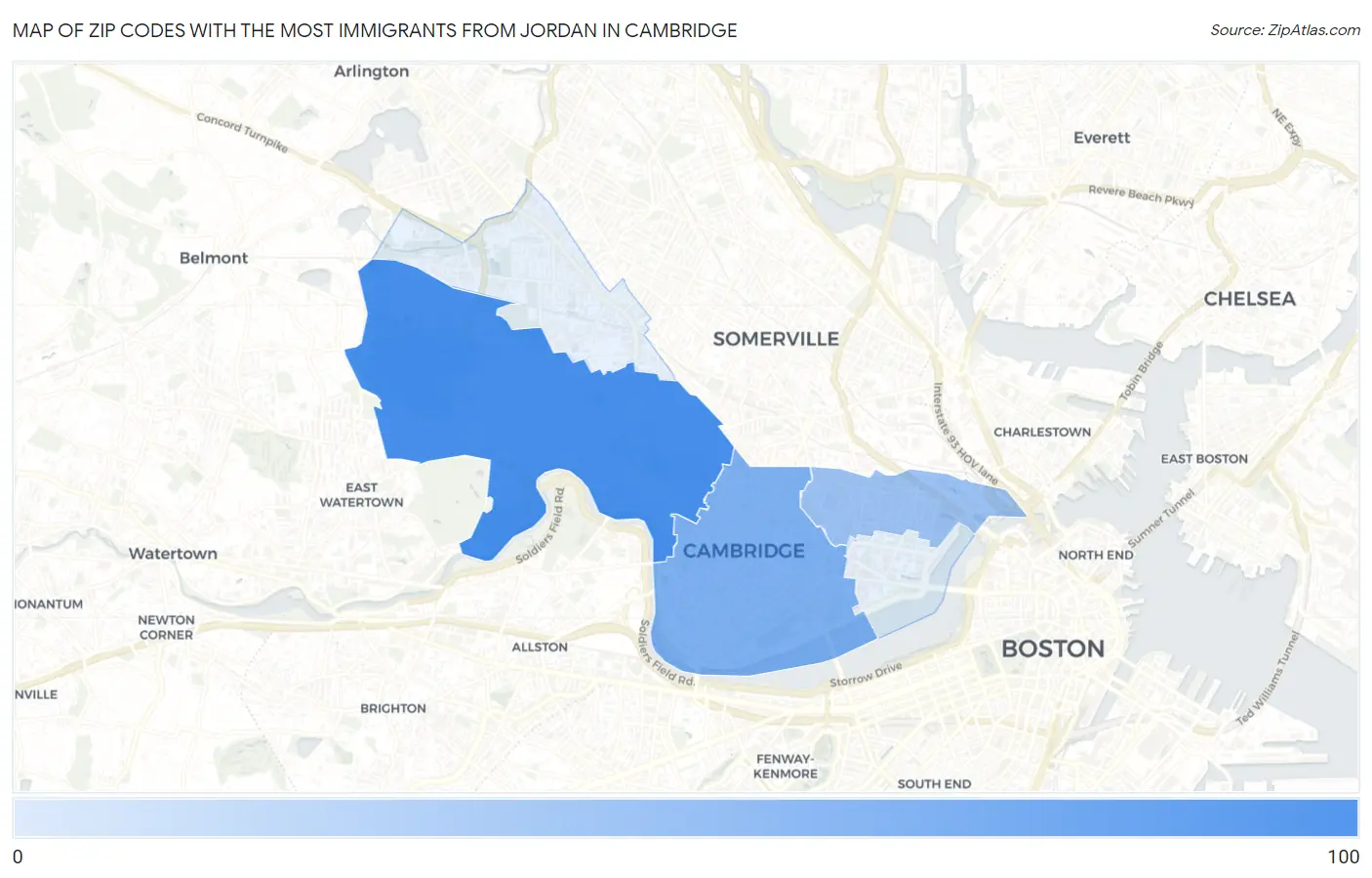 Zip Codes with the Most Immigrants from Jordan in Cambridge Map