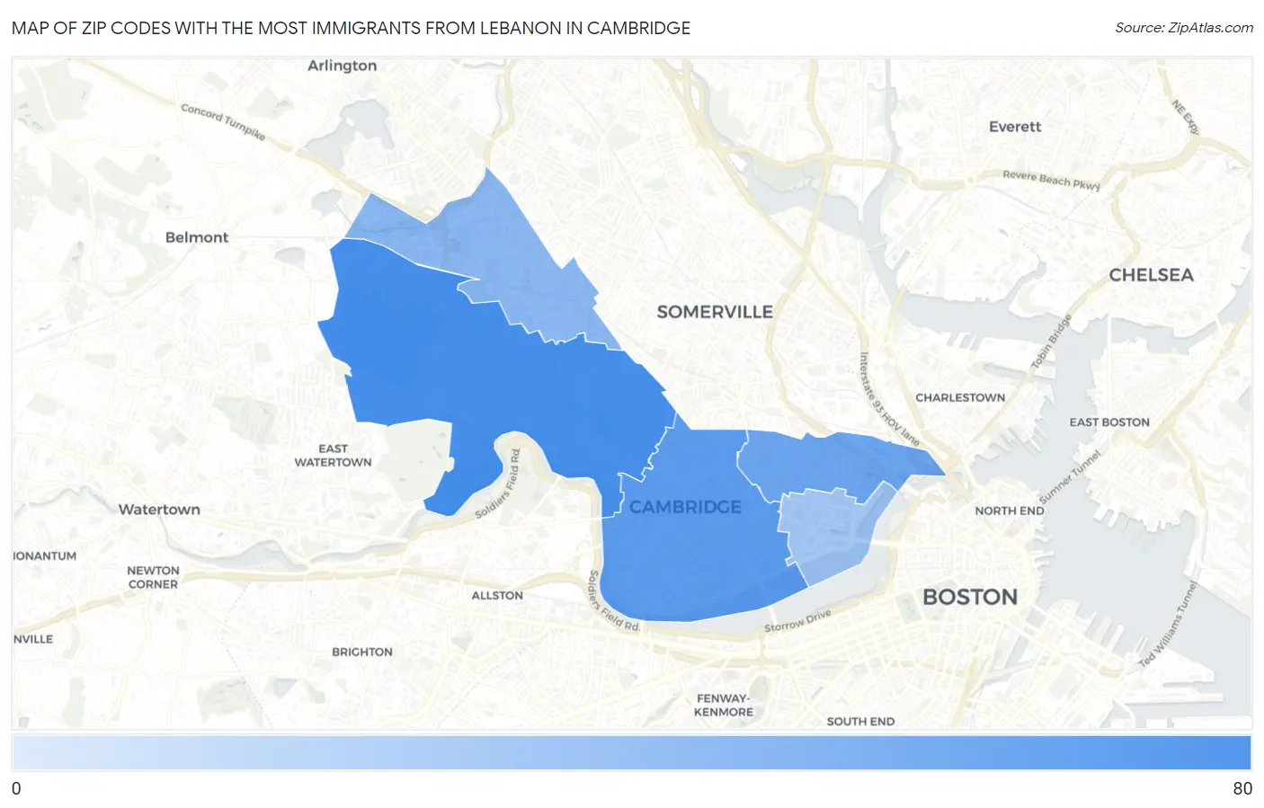 Zip Codes with the Most Immigrants from Lebanon in Cambridge Map