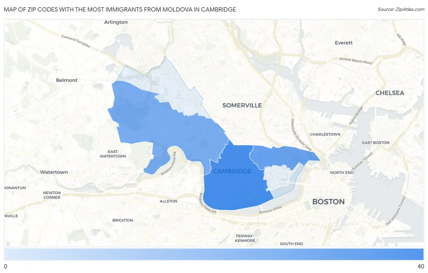 Zip Codes with the Most Immigrants from Moldova in Cambridge Map