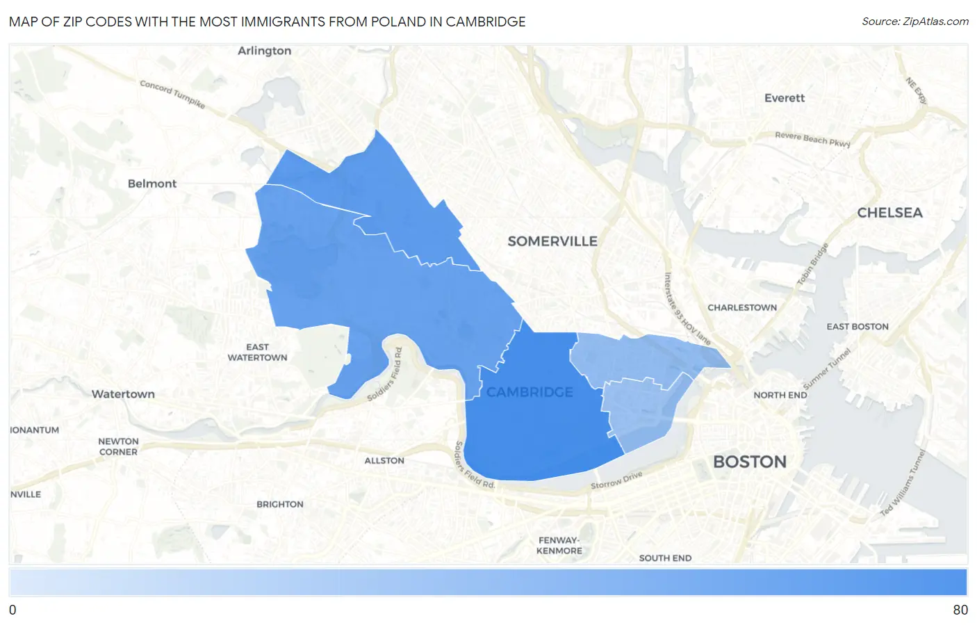 Zip Codes with the Most Immigrants from Poland in Cambridge Map