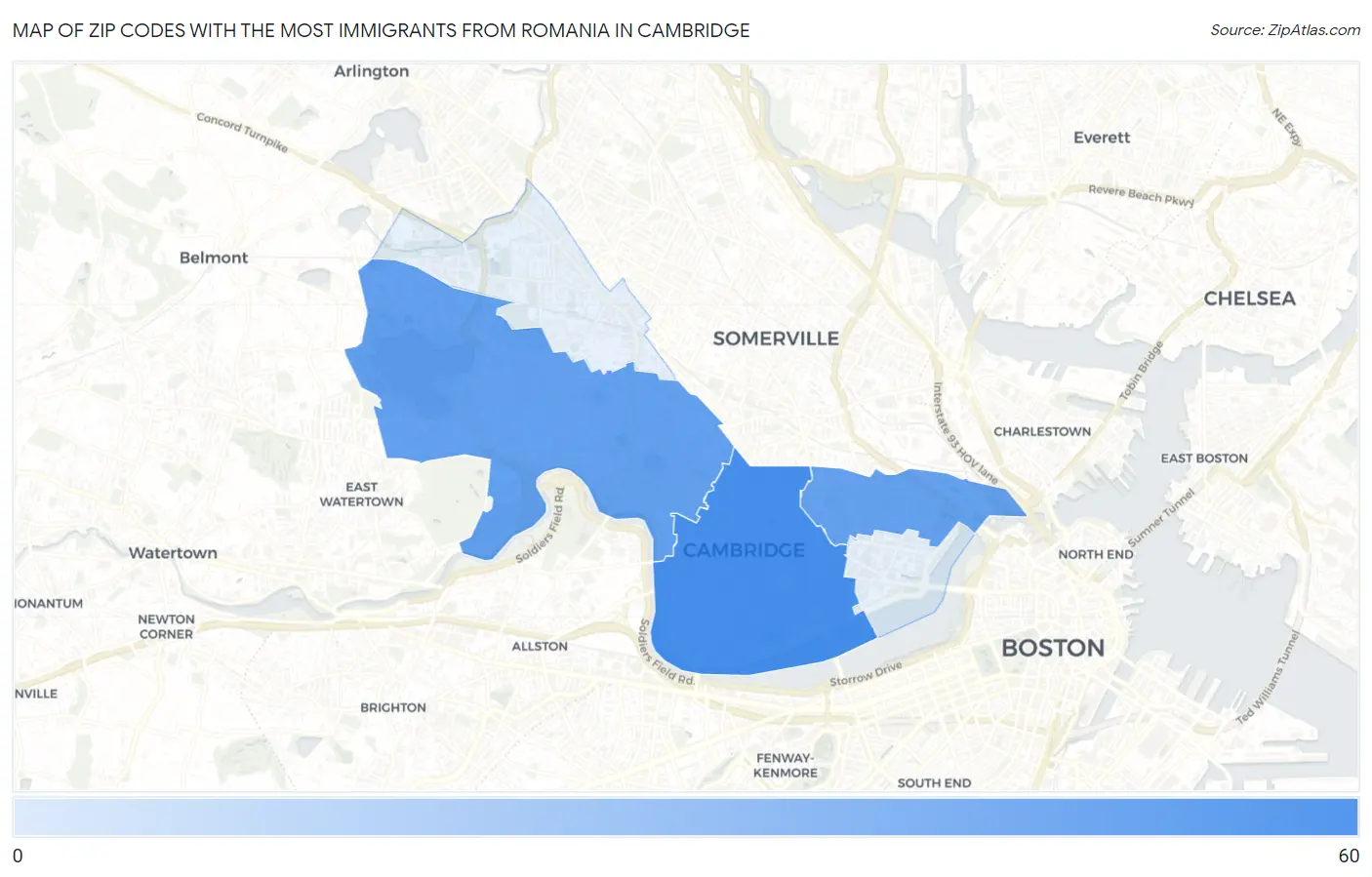 Zip Codes with the Most Immigrants from Romania in Cambridge Map