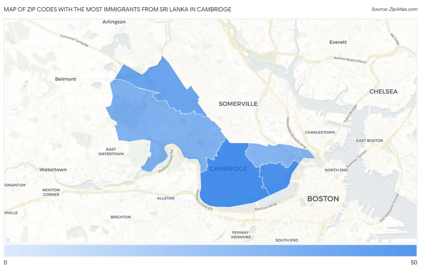 Zip Codes with the Most Immigrants from Sri Lanka in Cambridge Map