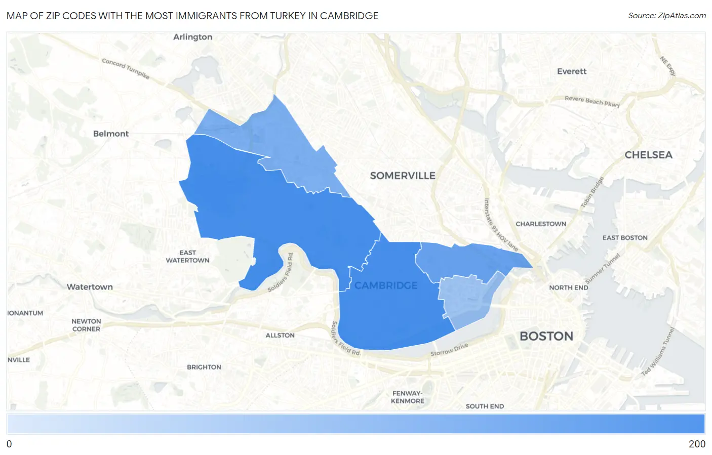 Zip Codes with the Most Immigrants from Turkey in Cambridge Map