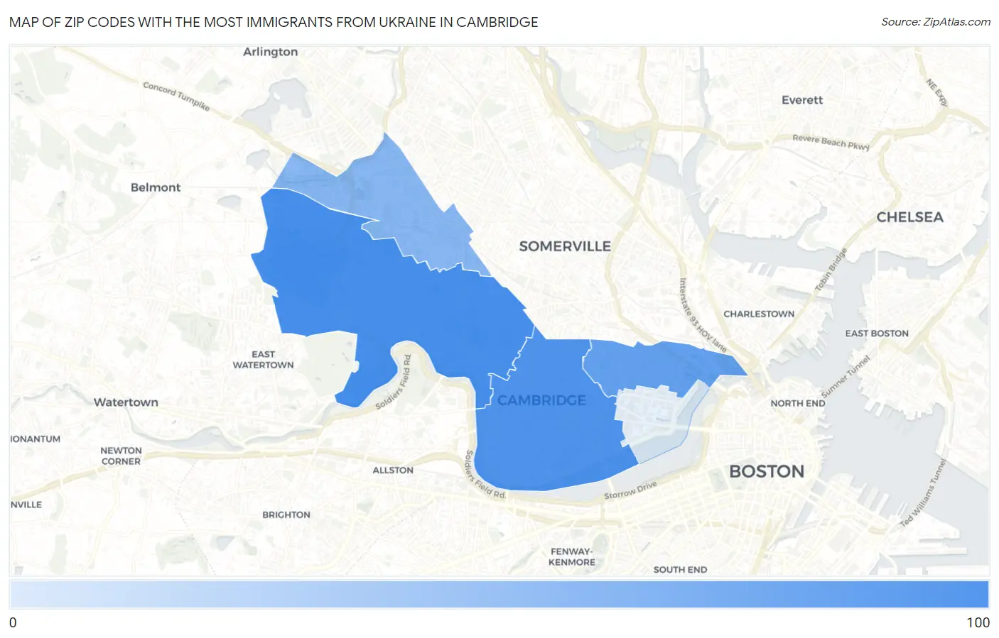 Zip Codes with the Most Immigrants from Ukraine in Cambridge Map