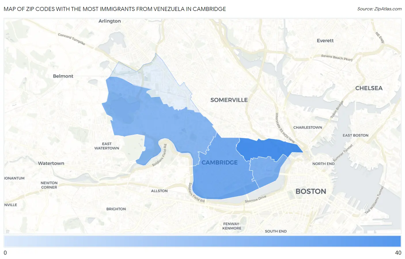 Zip Codes with the Most Immigrants from Venezuela in Cambridge Map