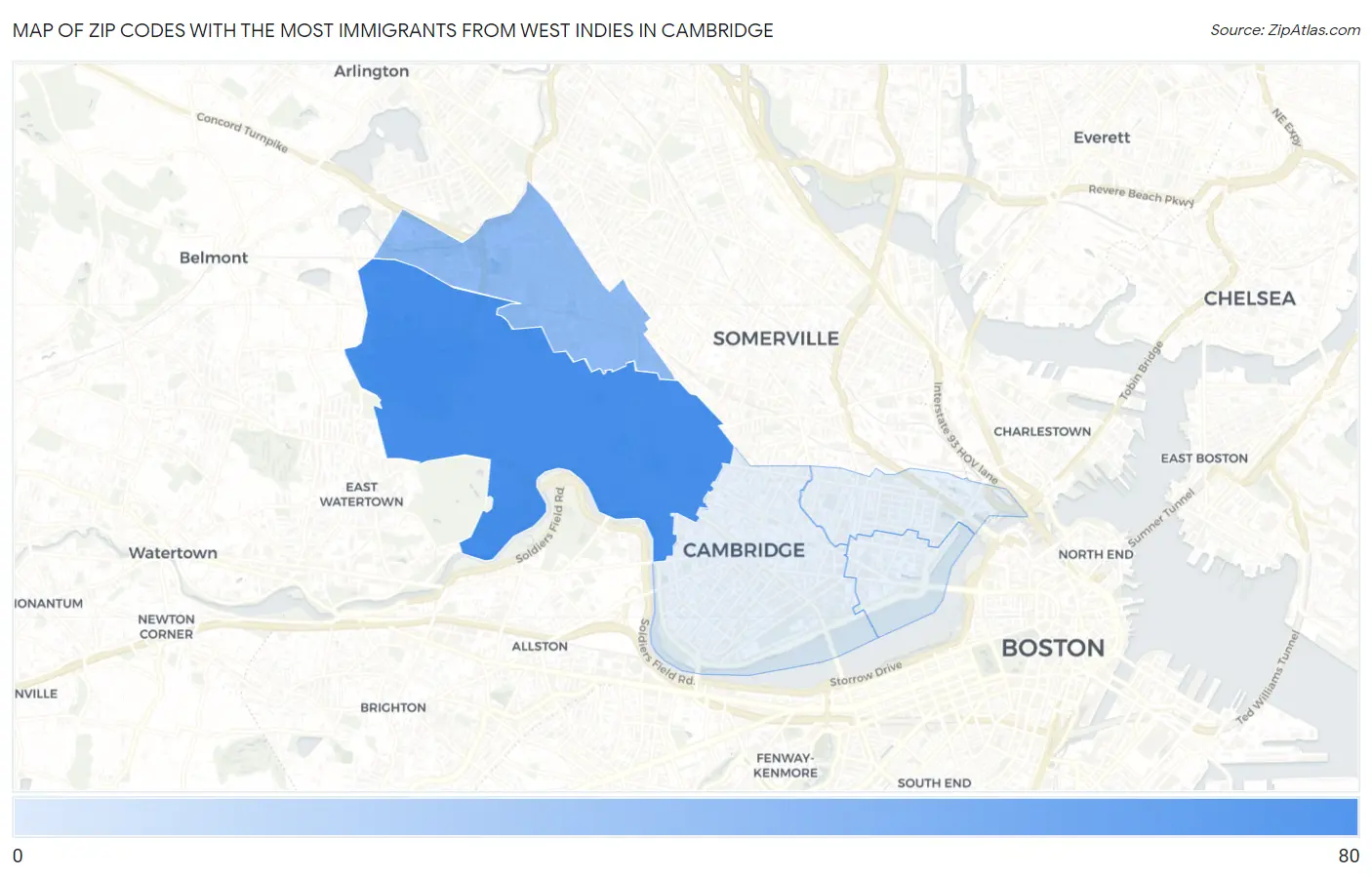 Zip Codes with the Most Immigrants from West Indies in Cambridge Map