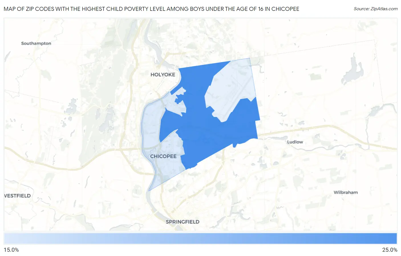 Zip Codes with the Highest Child Poverty Level Among Boys Under the Age of 16 in Chicopee Map