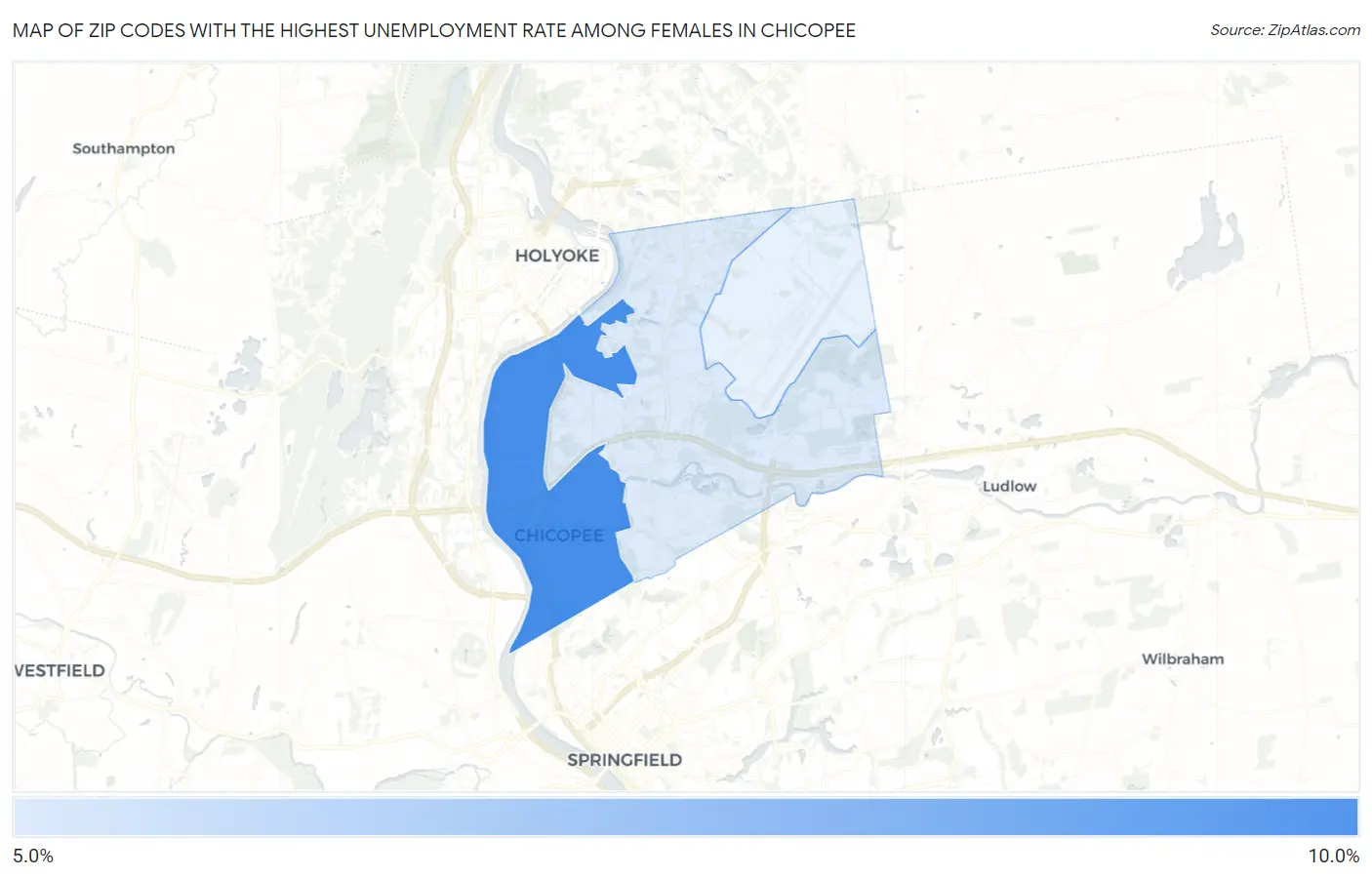 Zip Codes with the Highest Unemployment Rate Among Females in Chicopee Map