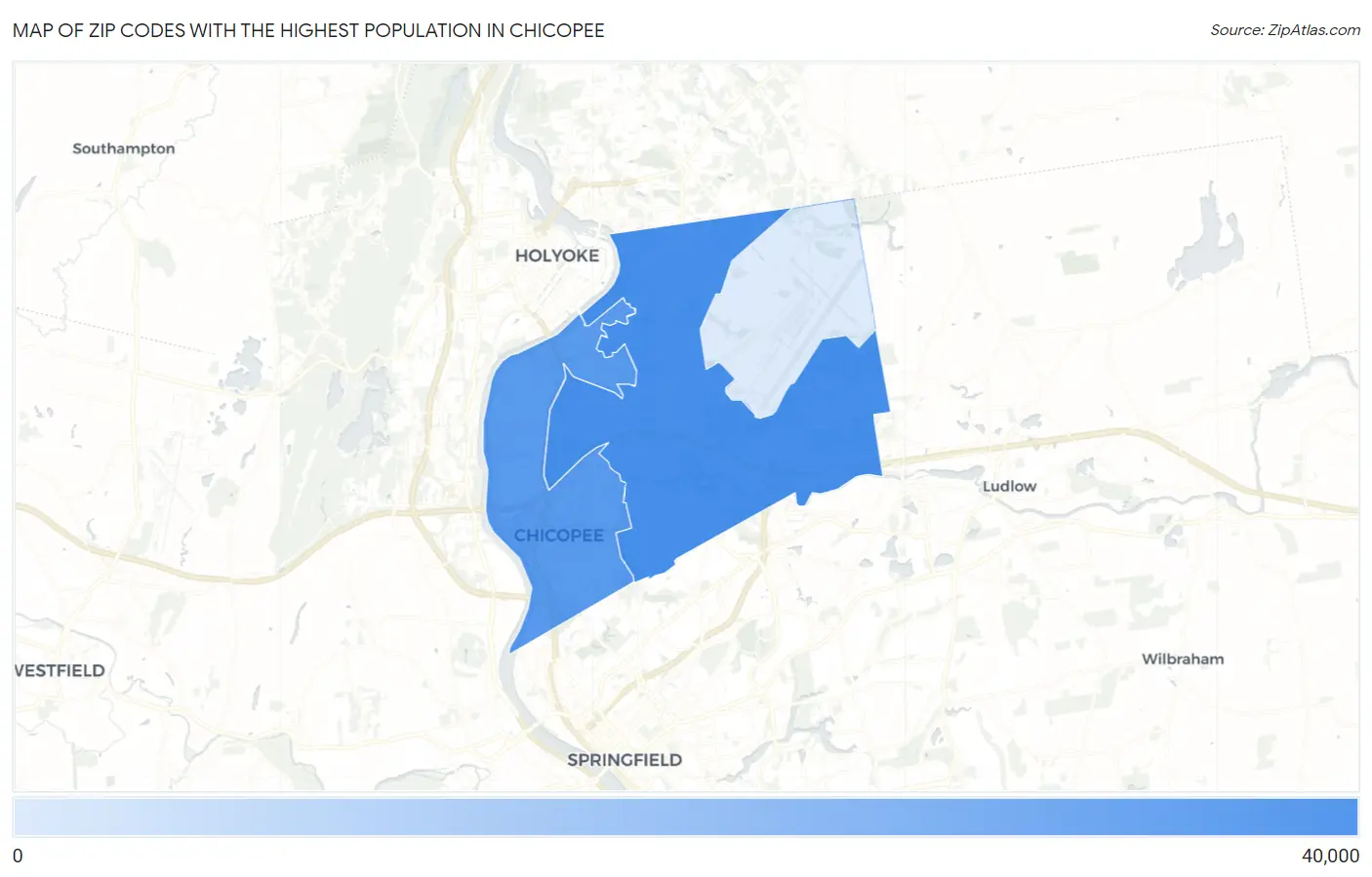 Zip Codes with the Highest Population in Chicopee Map