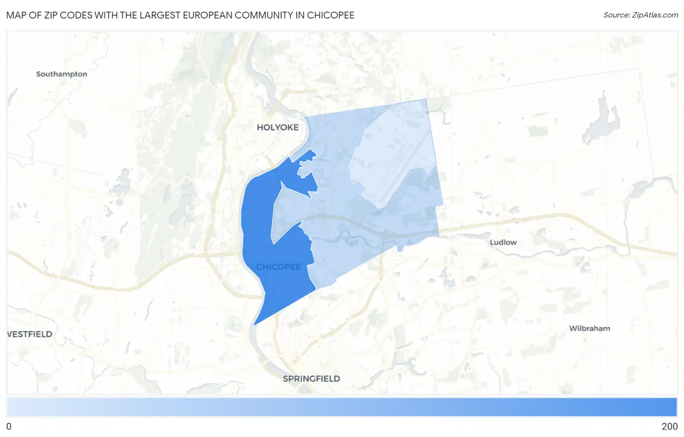 Zip Codes with the Largest European Community in Chicopee Map
