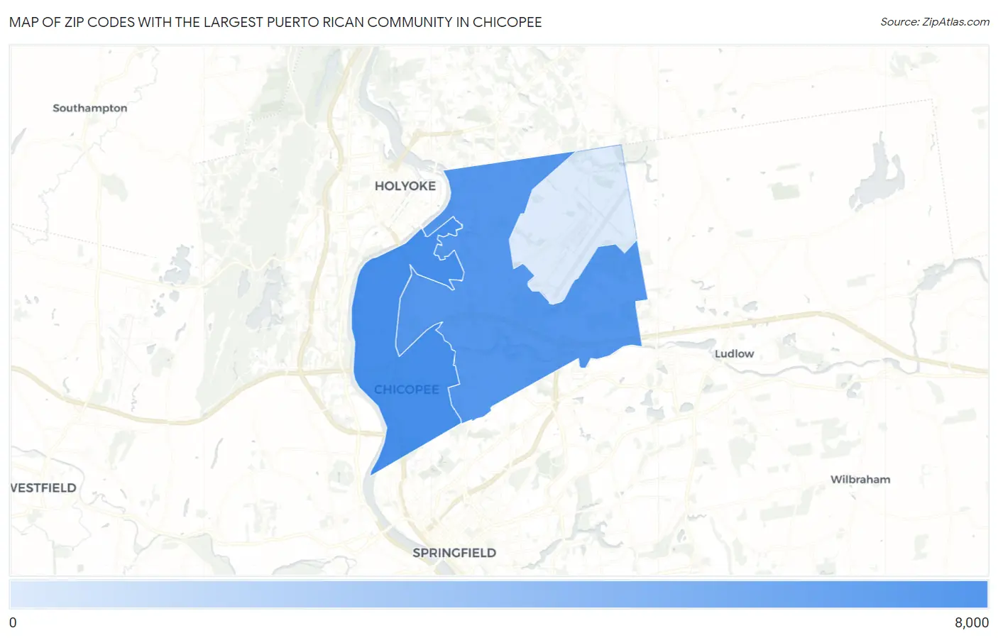Zip Codes with the Largest Puerto Rican Community in Chicopee Map