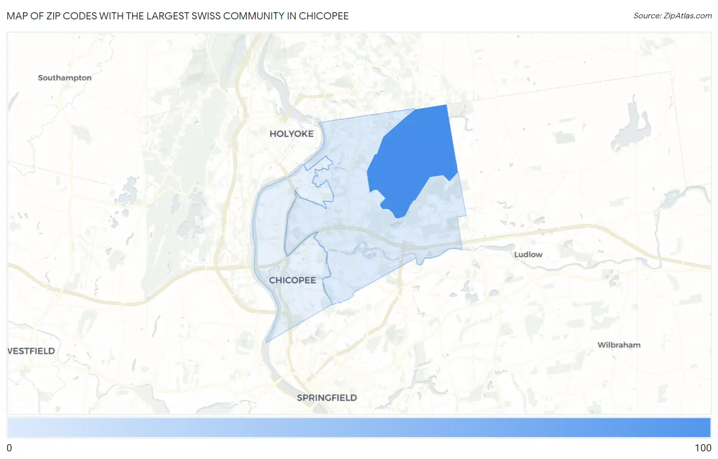 Zip Codes with the Largest Swiss Community in Chicopee Map