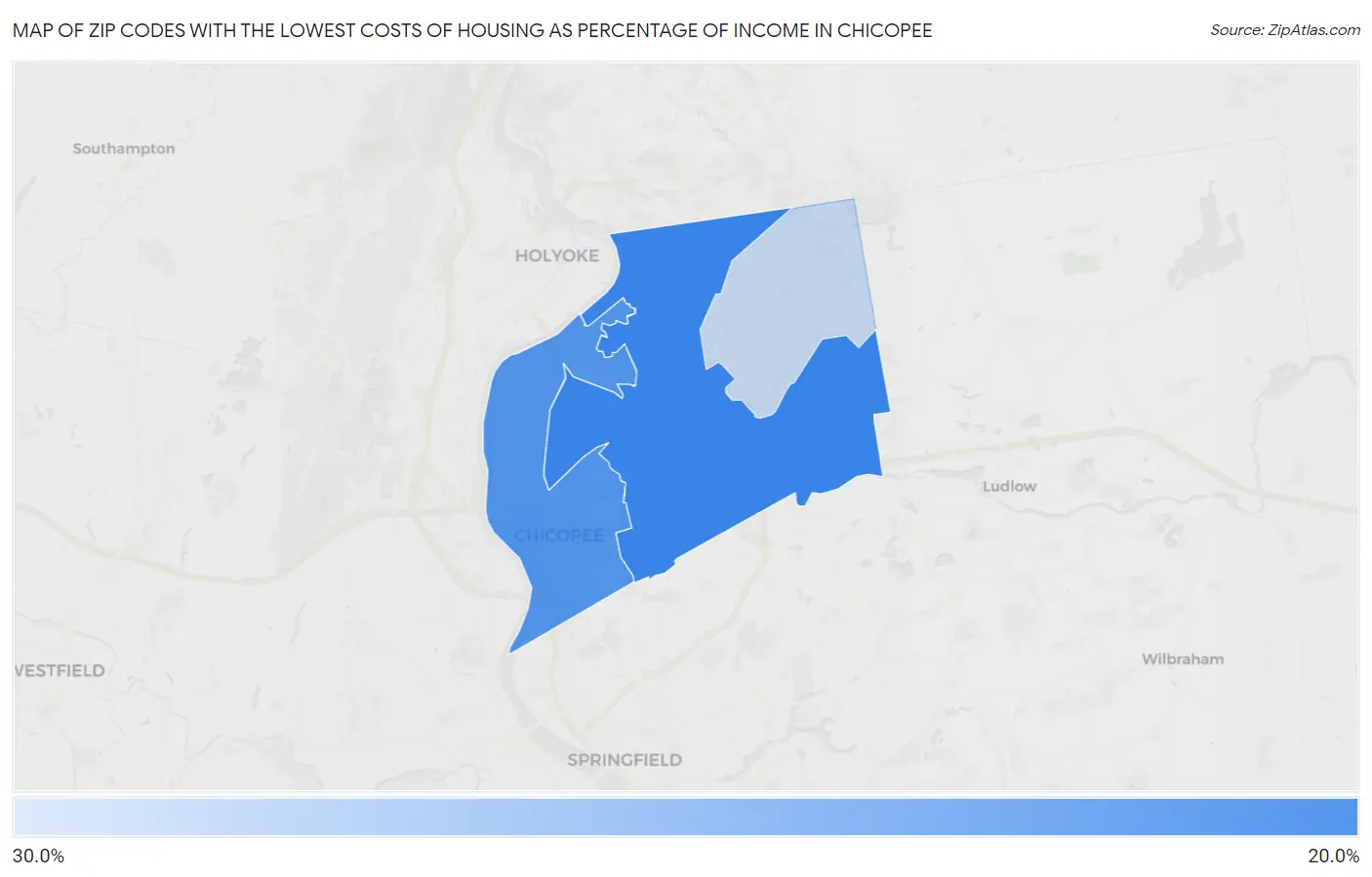 Zip Codes with the Lowest Costs of Housing as Percentage of Income in Chicopee Map