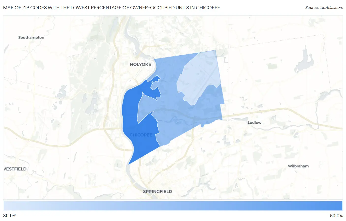 Zip Codes with the Lowest Percentage of Owner-Occupied Units in Chicopee Map