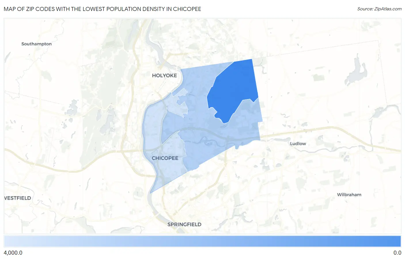 Zip Codes with the Lowest Population Density in Chicopee Map