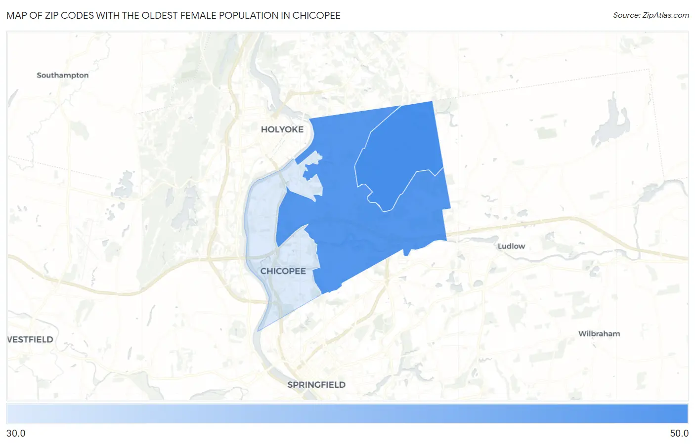 Zip Codes with the Oldest Female Population in Chicopee Map