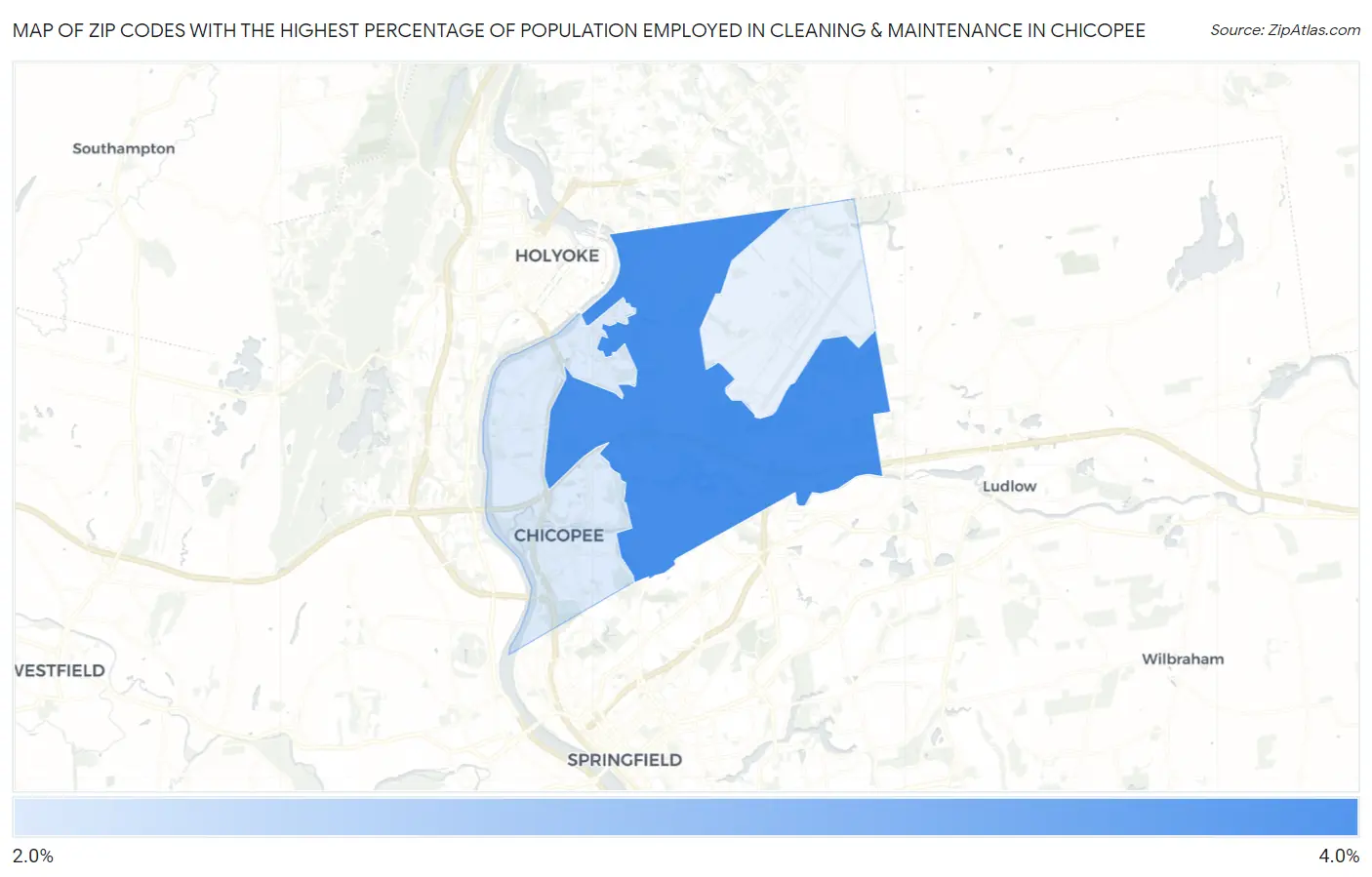 Zip Codes with the Highest Percentage of Population Employed in Cleaning & Maintenance in Chicopee Map
