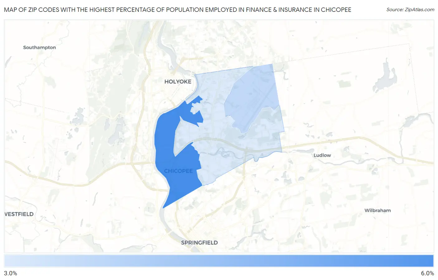 Zip Codes with the Highest Percentage of Population Employed in Finance & Insurance in Chicopee Map