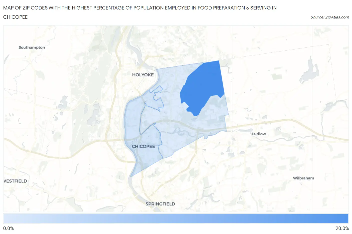 Zip Codes with the Highest Percentage of Population Employed in Food Preparation & Serving in Chicopee Map