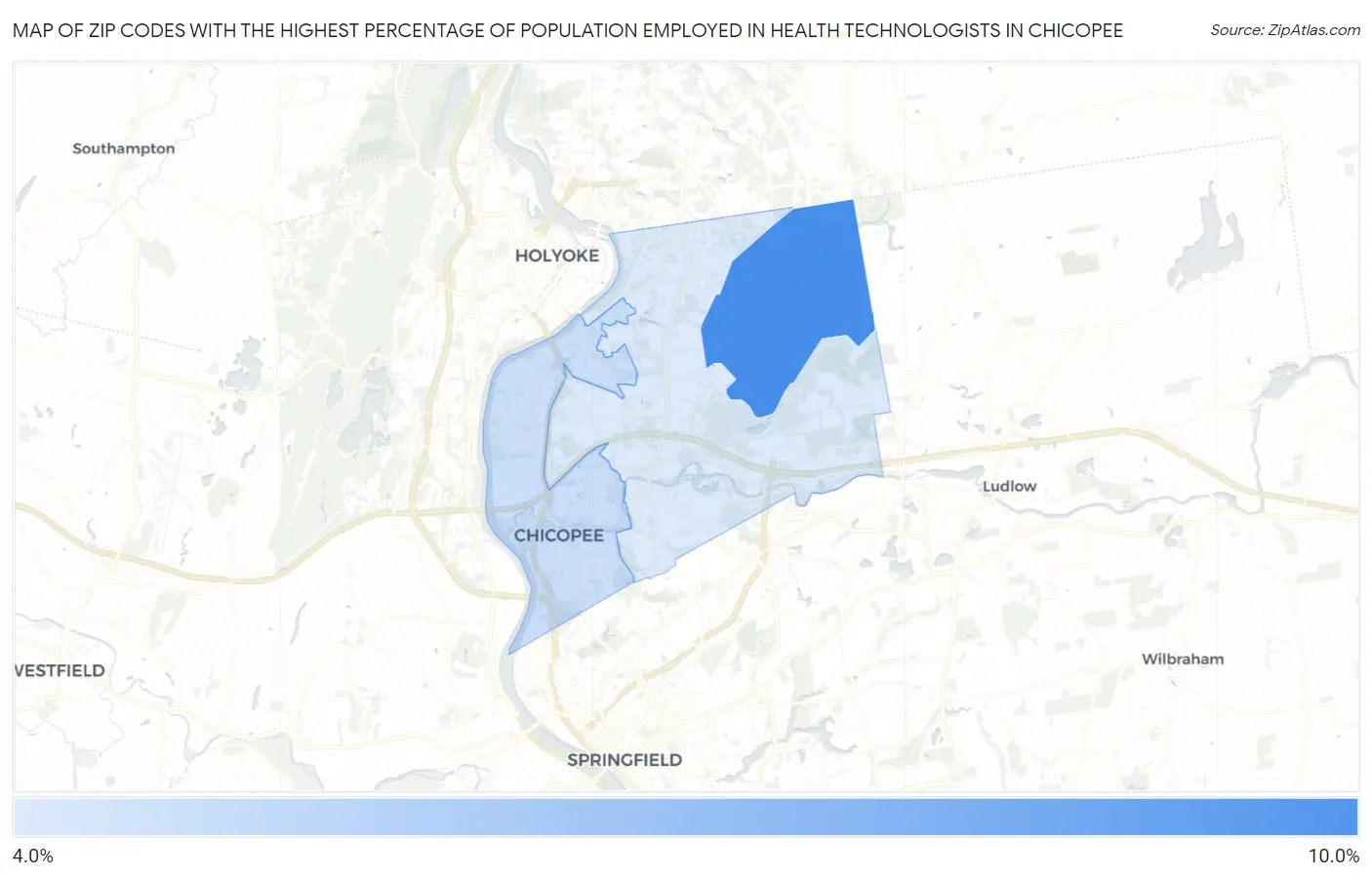 Zip Codes with the Highest Percentage of Population Employed in Health Technologists in Chicopee Map