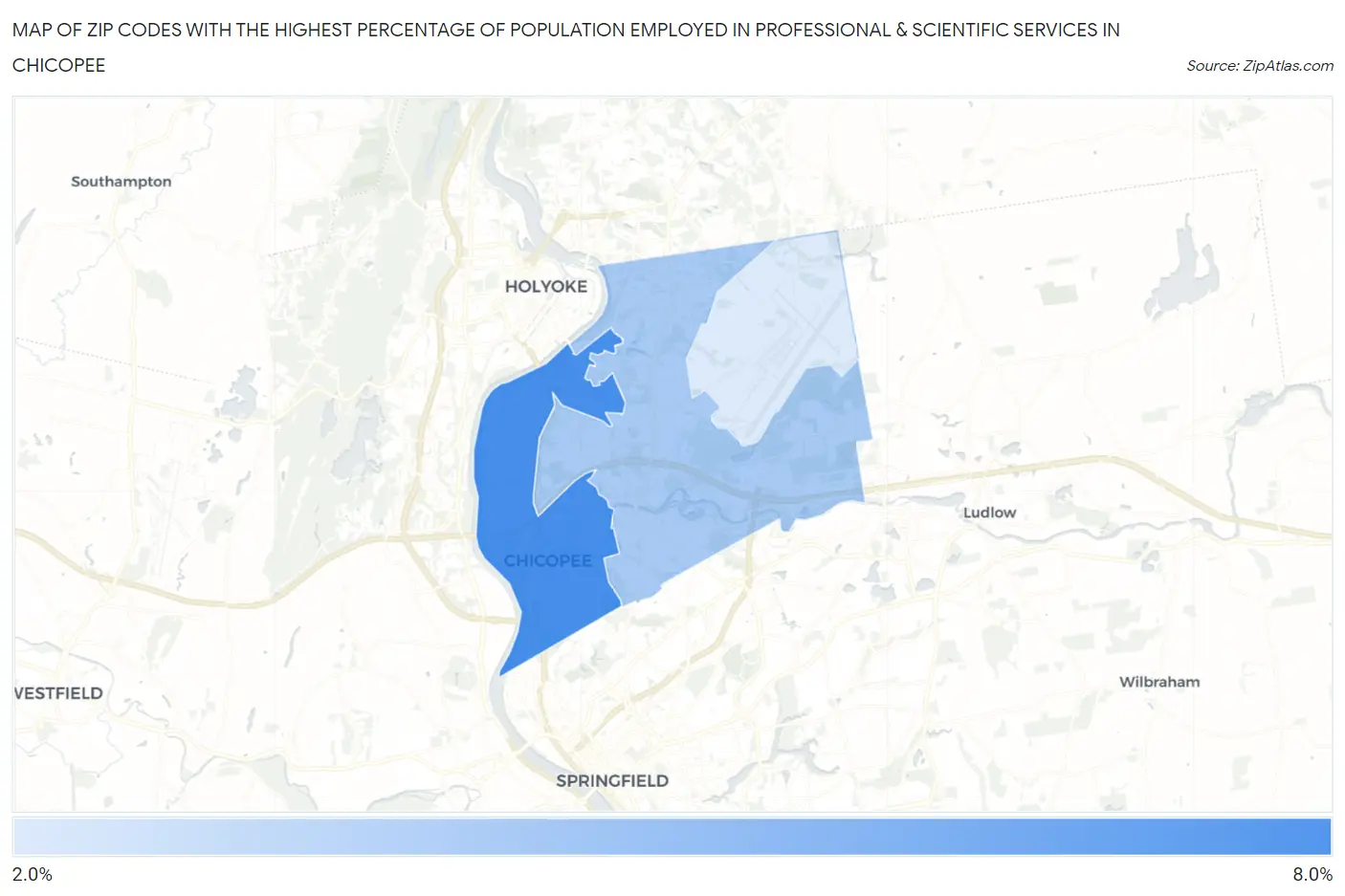 Zip Codes with the Highest Percentage of Population Employed in Professional & Scientific Services in Chicopee Map