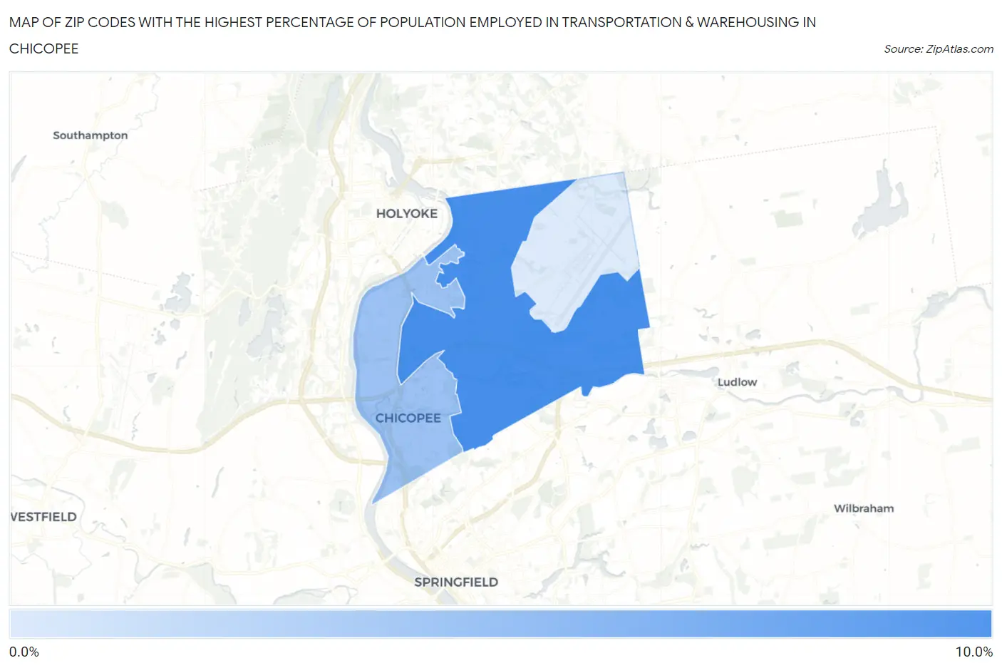 Zip Codes with the Highest Percentage of Population Employed in Transportation & Warehousing in Chicopee Map