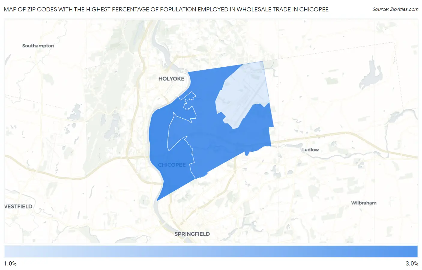 Zip Codes with the Highest Percentage of Population Employed in Wholesale Trade in Chicopee Map