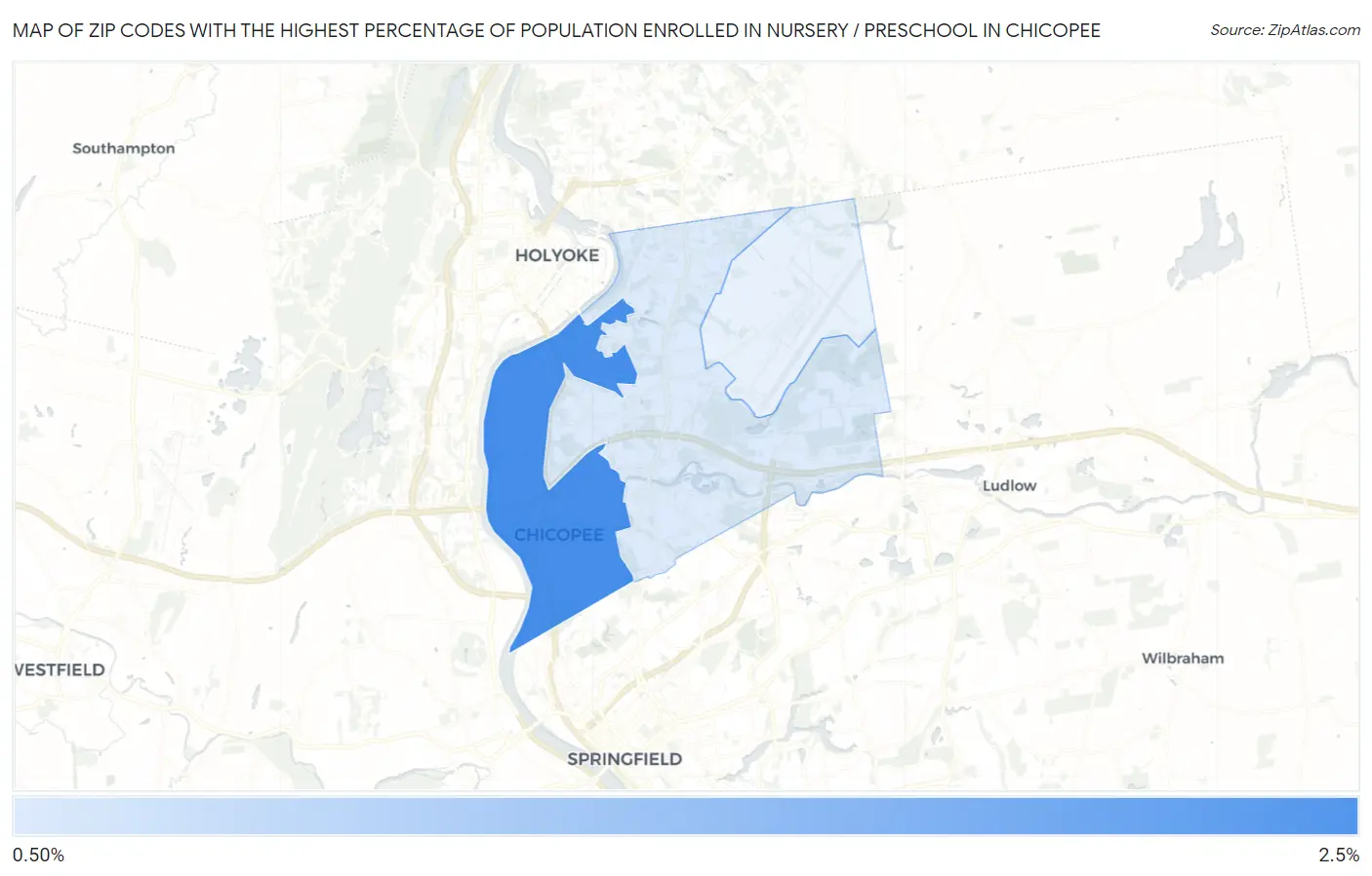Zip Codes with the Highest Percentage of Population Enrolled in Nursery / Preschool in Chicopee Map