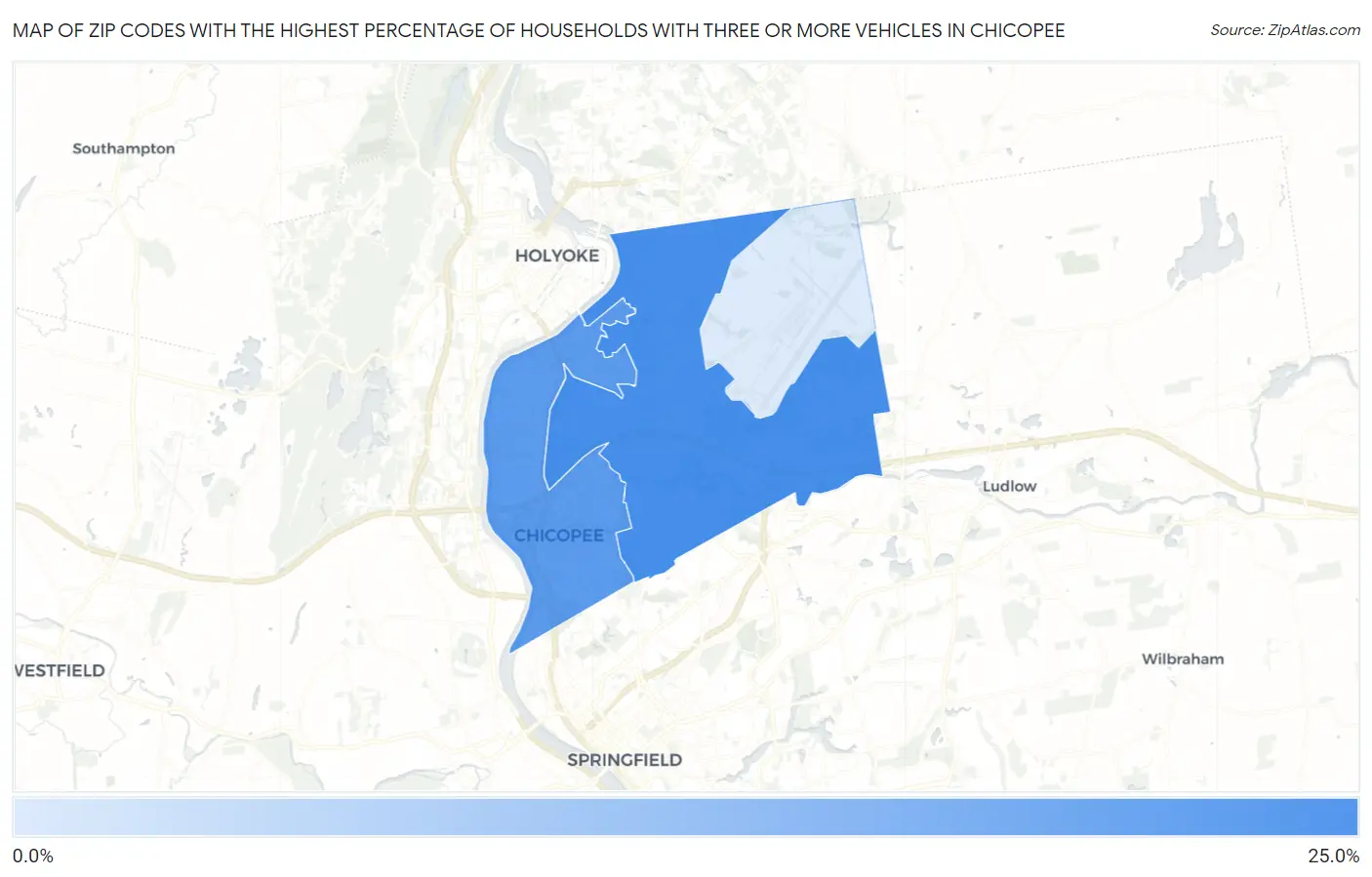 Zip Codes with the Highest Percentage of Households With Three or more Vehicles in Chicopee Map