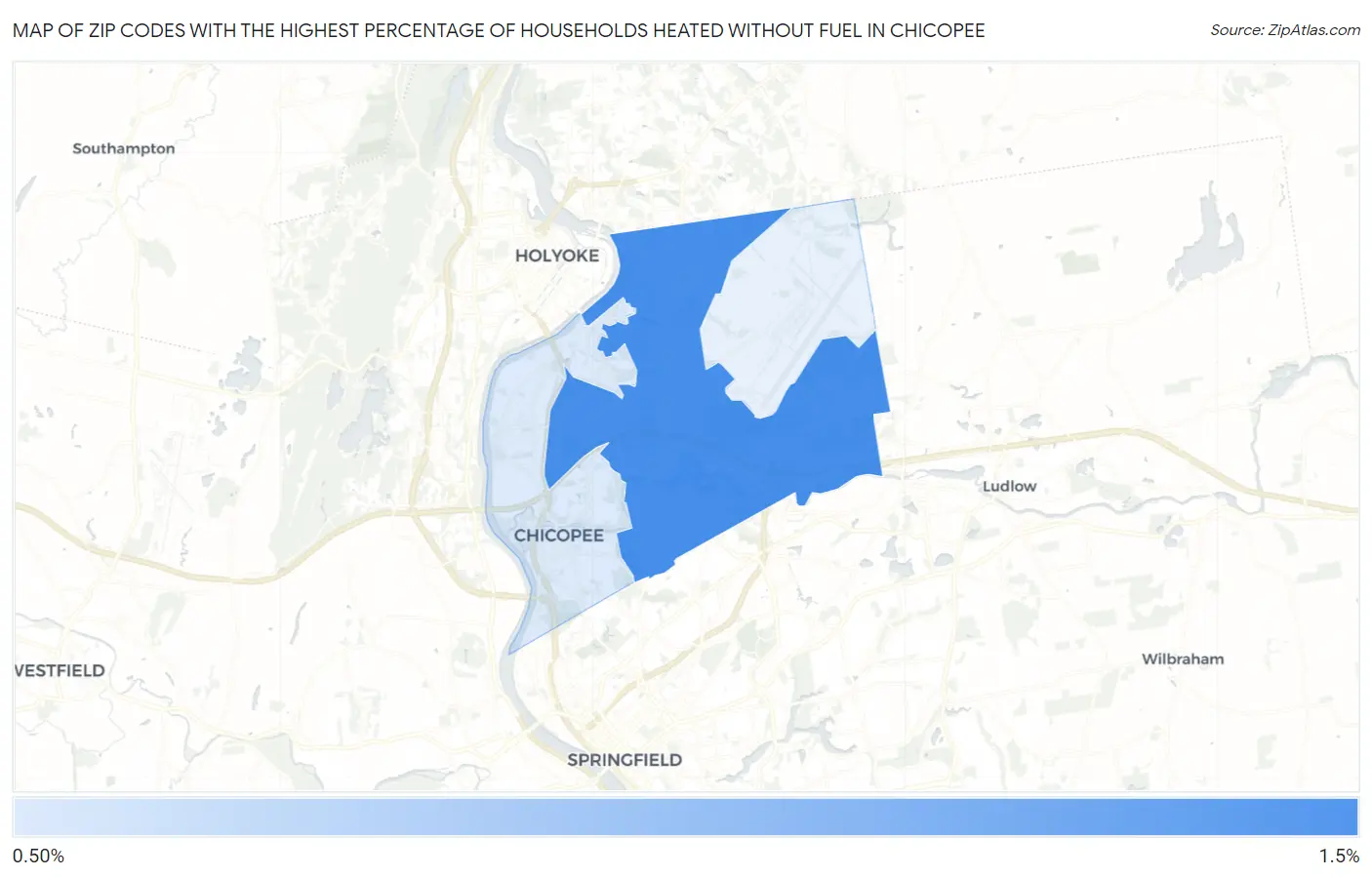 Zip Codes with the Highest Percentage of Households Heated without Fuel in Chicopee Map
