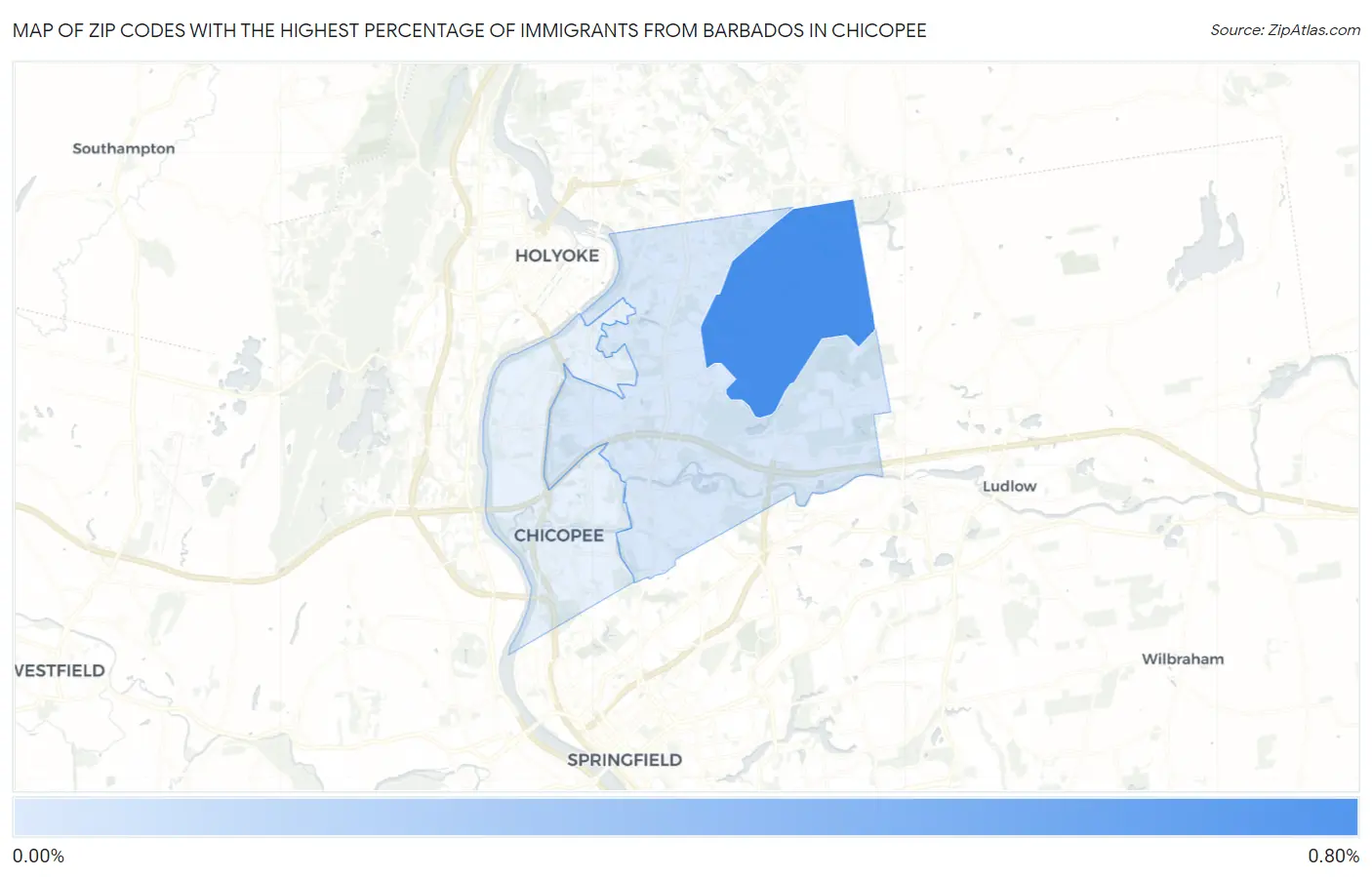 Zip Codes with the Highest Percentage of Immigrants from Barbados in Chicopee Map