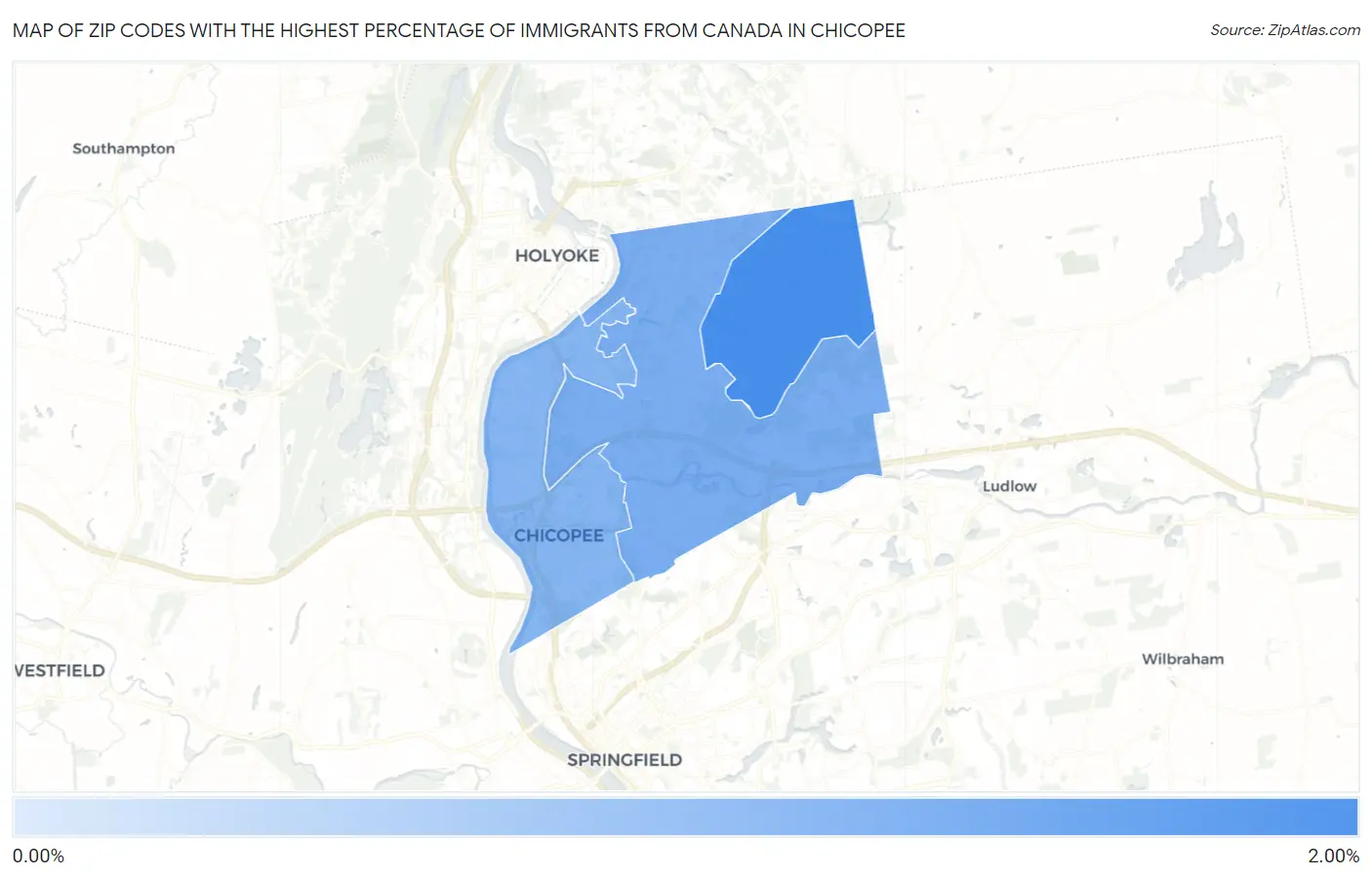 Zip Codes with the Highest Percentage of Immigrants from Canada in Chicopee Map