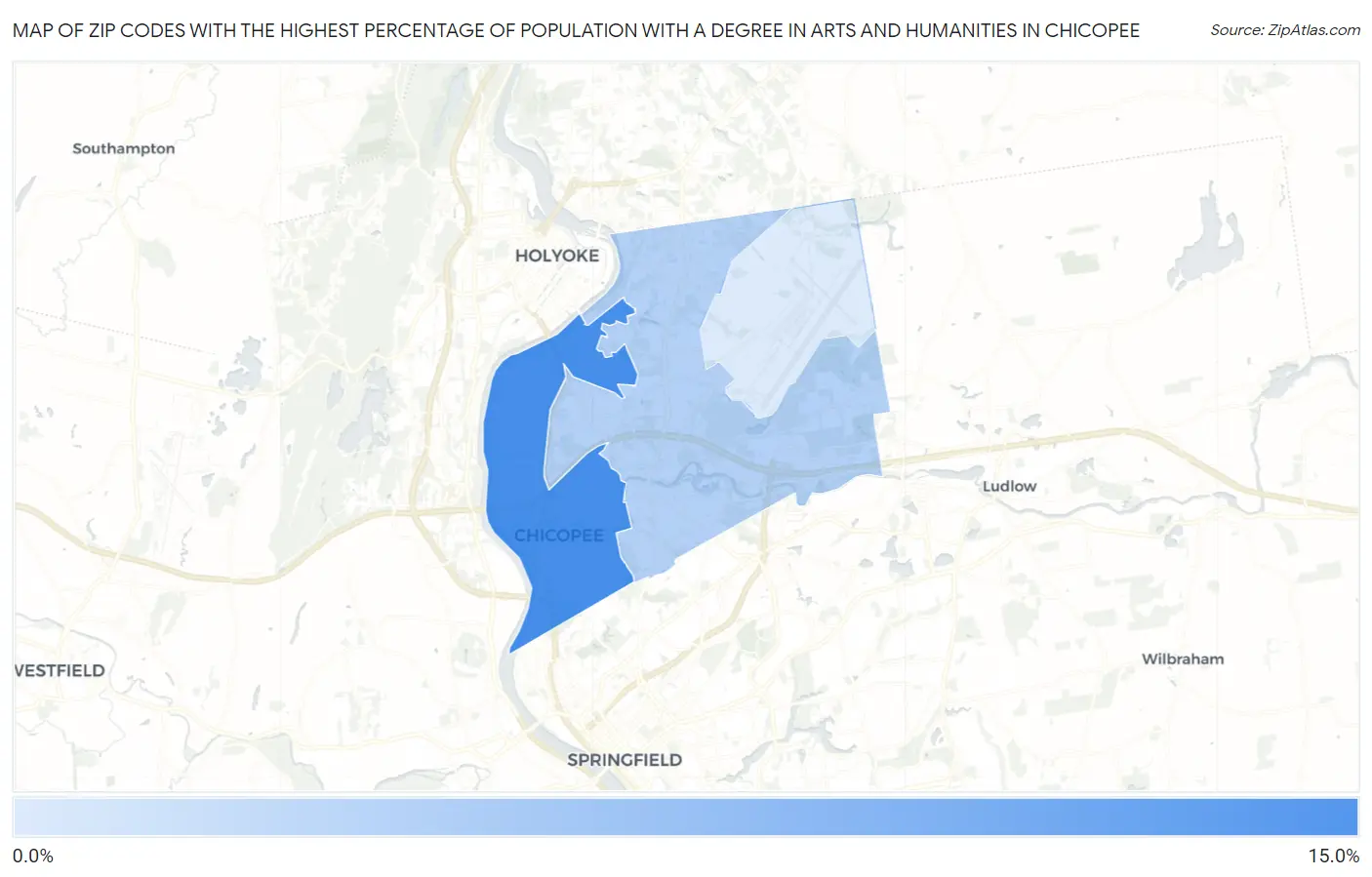 Zip Codes with the Highest Percentage of Population with a Degree in Arts and Humanities in Chicopee Map