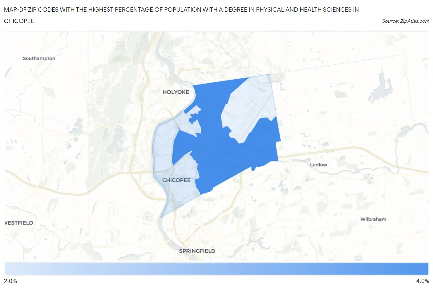 Zip Codes with the Highest Percentage of Population with a Degree in Physical and Health Sciences in Chicopee Map