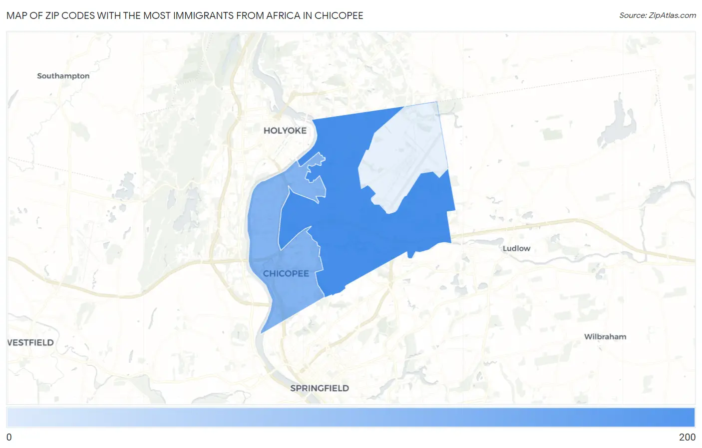 Zip Codes with the Most Immigrants from Africa in Chicopee Map