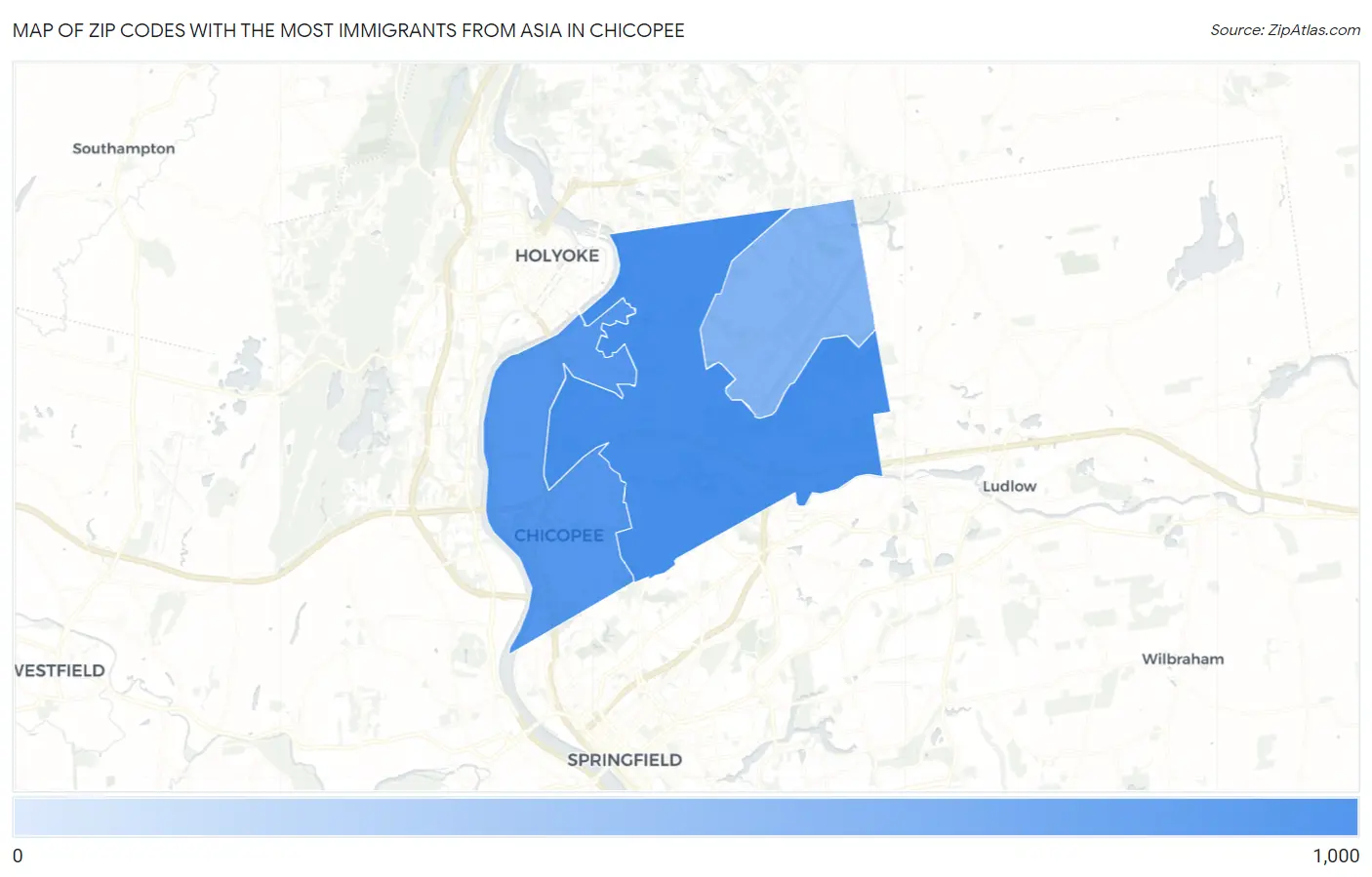 Zip Codes with the Most Immigrants from Asia in Chicopee Map