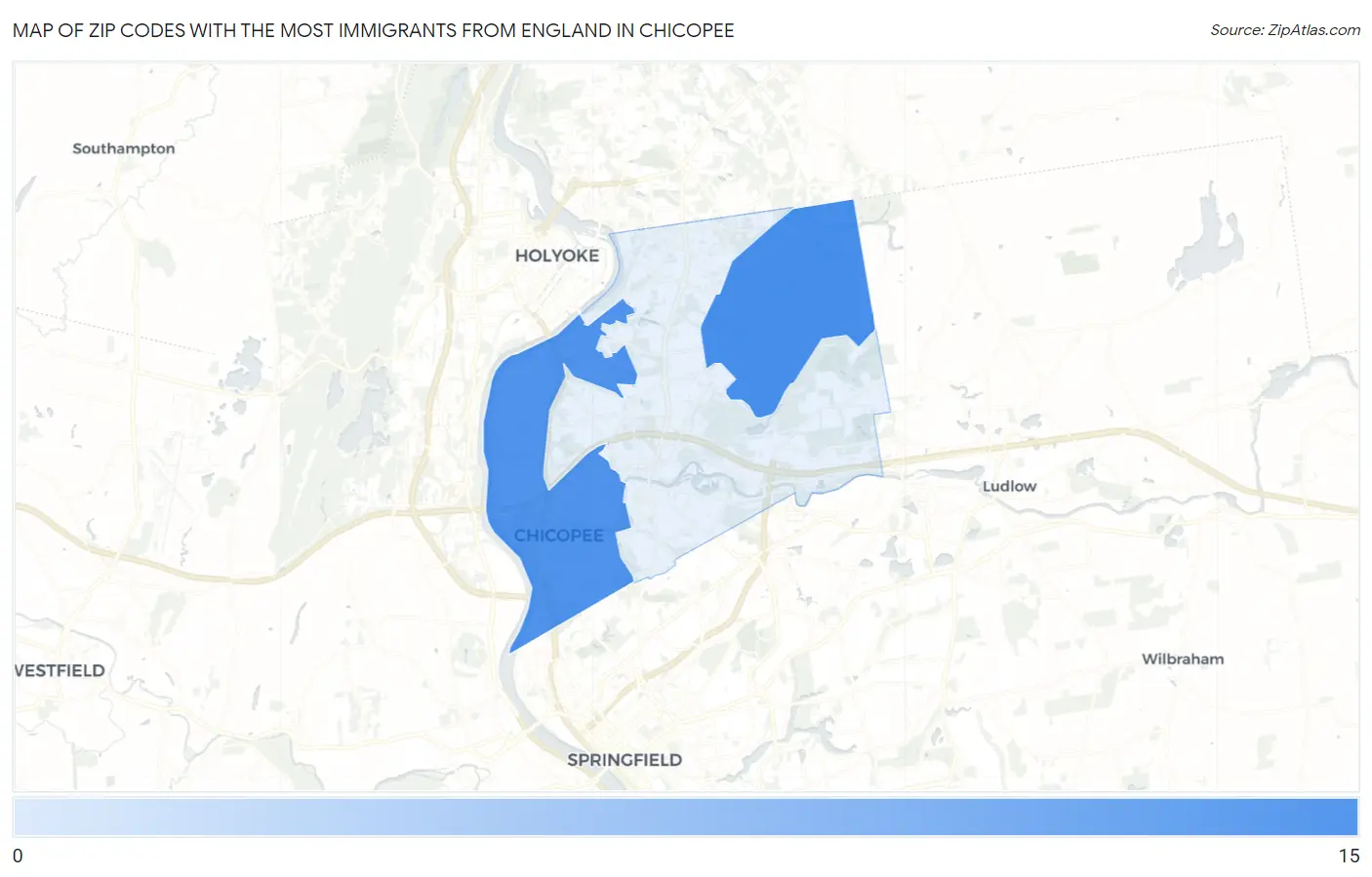 Zip Codes with the Most Immigrants from England in Chicopee Map