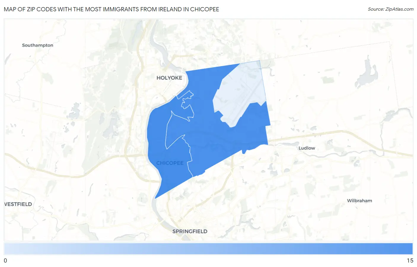 Zip Codes with the Most Immigrants from Ireland in Chicopee Map