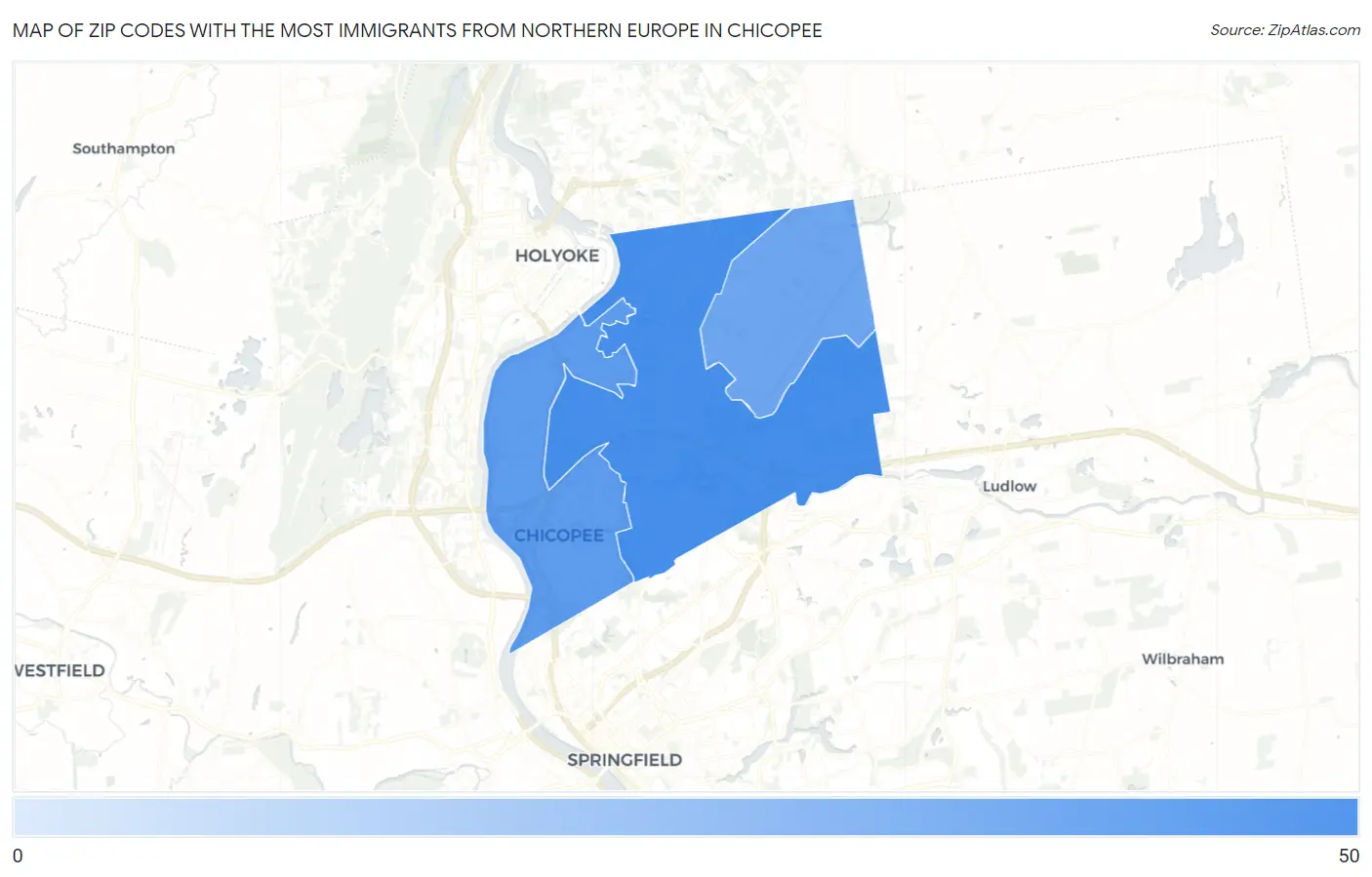 Zip Codes with the Most Immigrants from Northern Europe in Chicopee Map