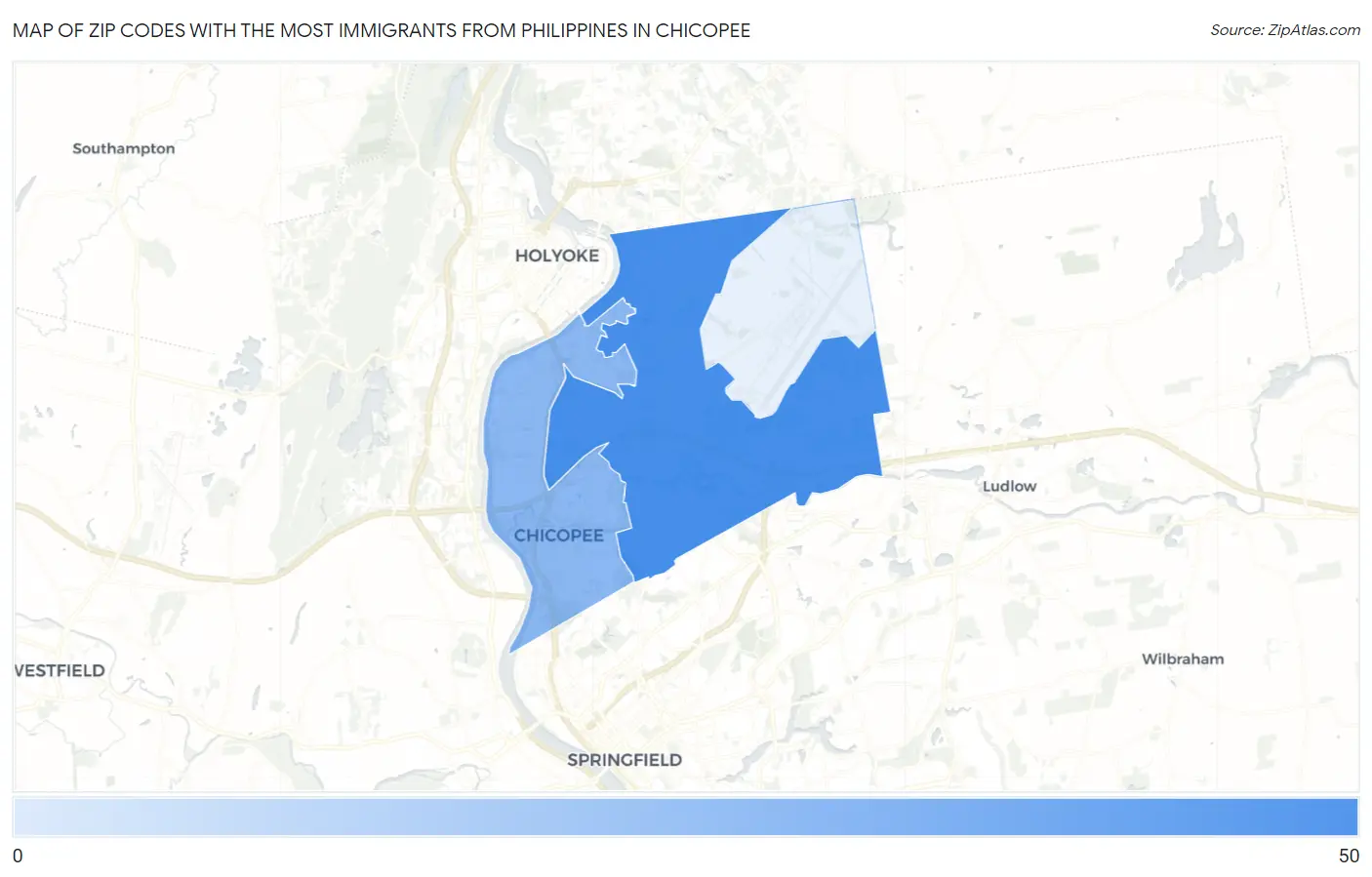 Zip Codes with the Most Immigrants from Philippines in Chicopee Map