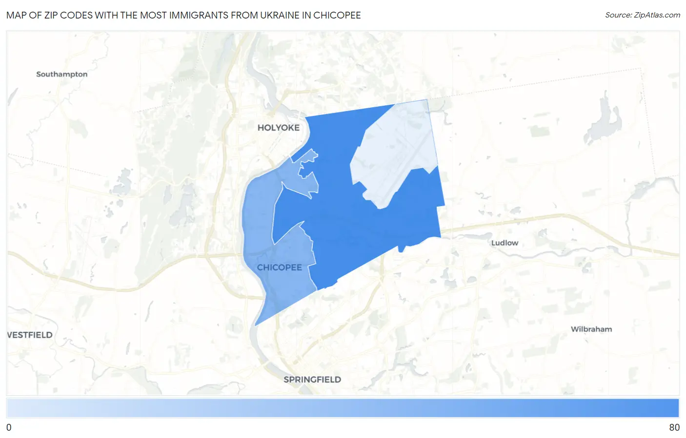 Zip Codes with the Most Immigrants from Ukraine in Chicopee Map